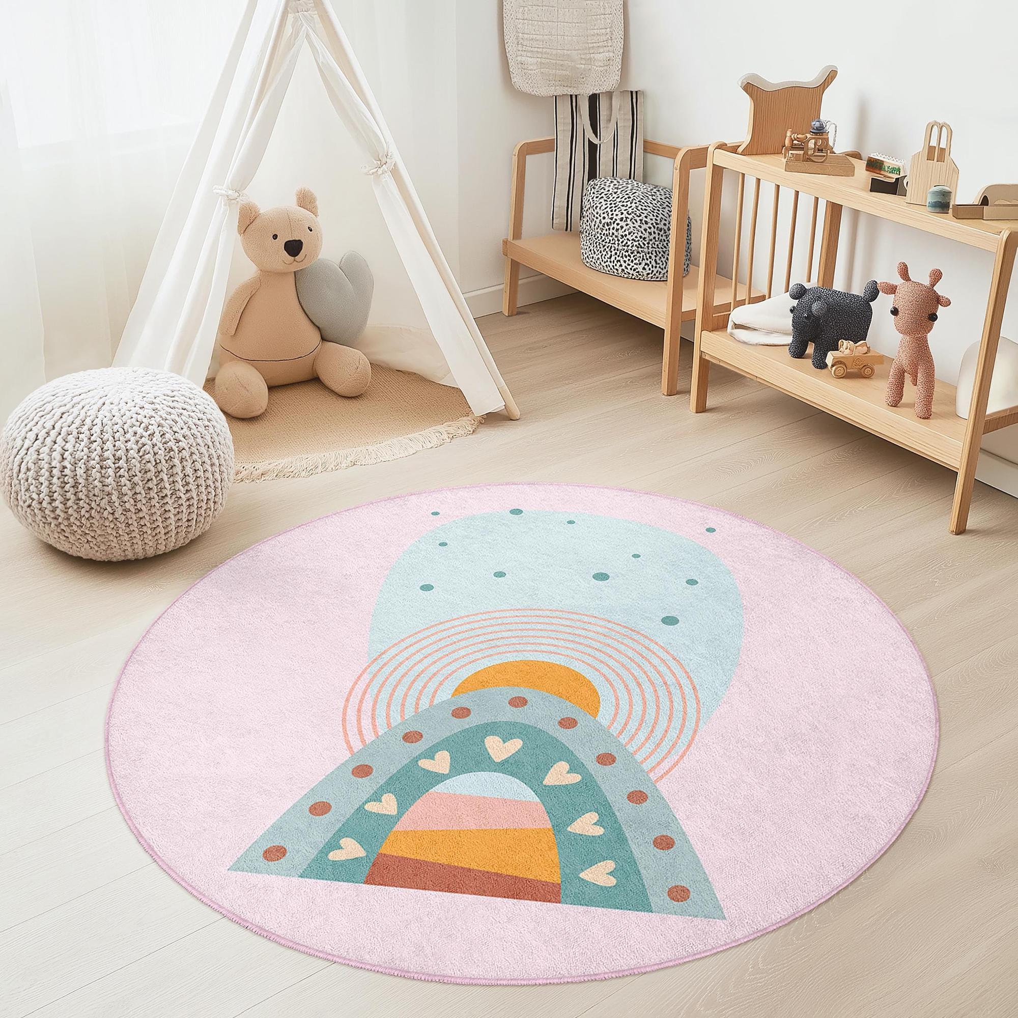 Rainbow-Heart-Circle Children's Rug Multicolor Ø150cm 3