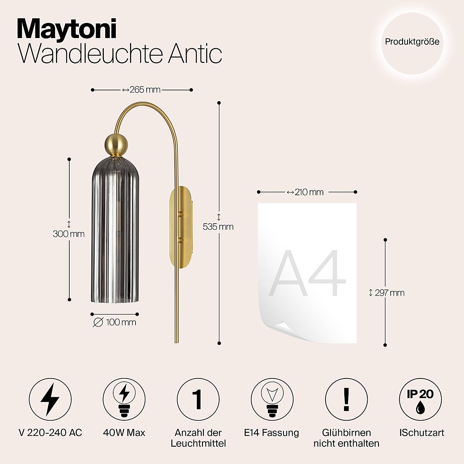 Antic 1-flammige Wandleuchte Rauchglas Gold 4