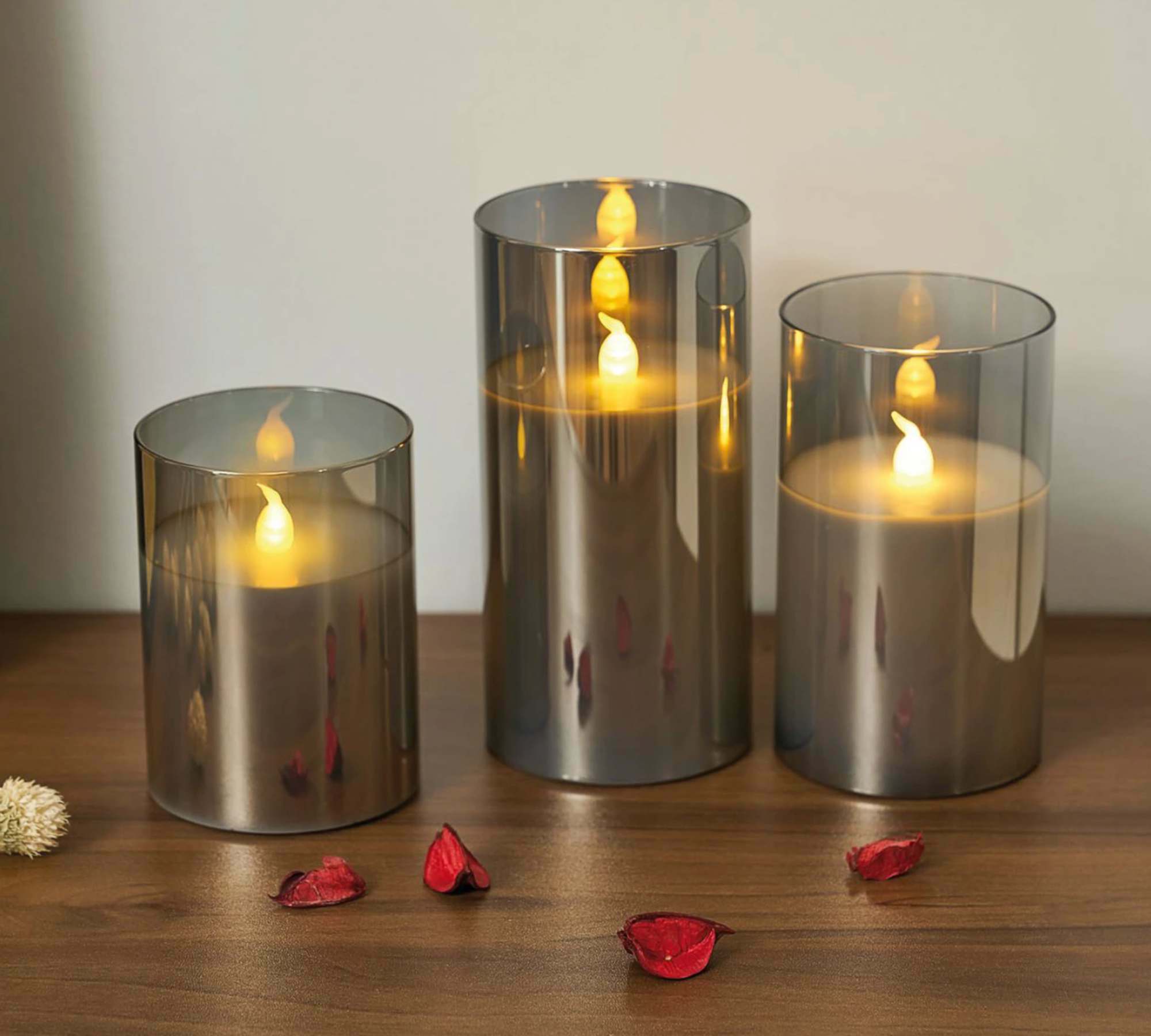 3x LED Candle Clear Glass Natural Fiber 4