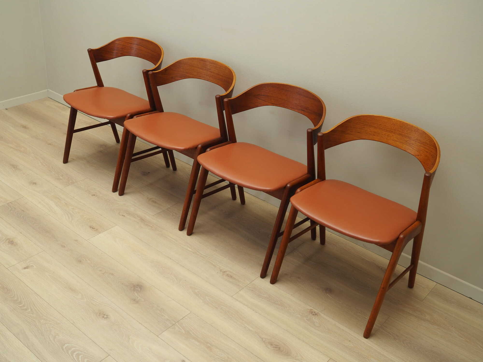 4x Chair Teak Wood Faux Leather Beige 1970s 1