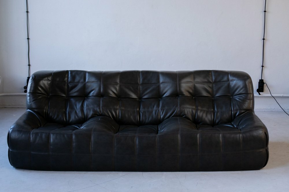 Vintage Michel Ducaroy Kashima Sofa-Set Leder Schwarz 3-tlg 6