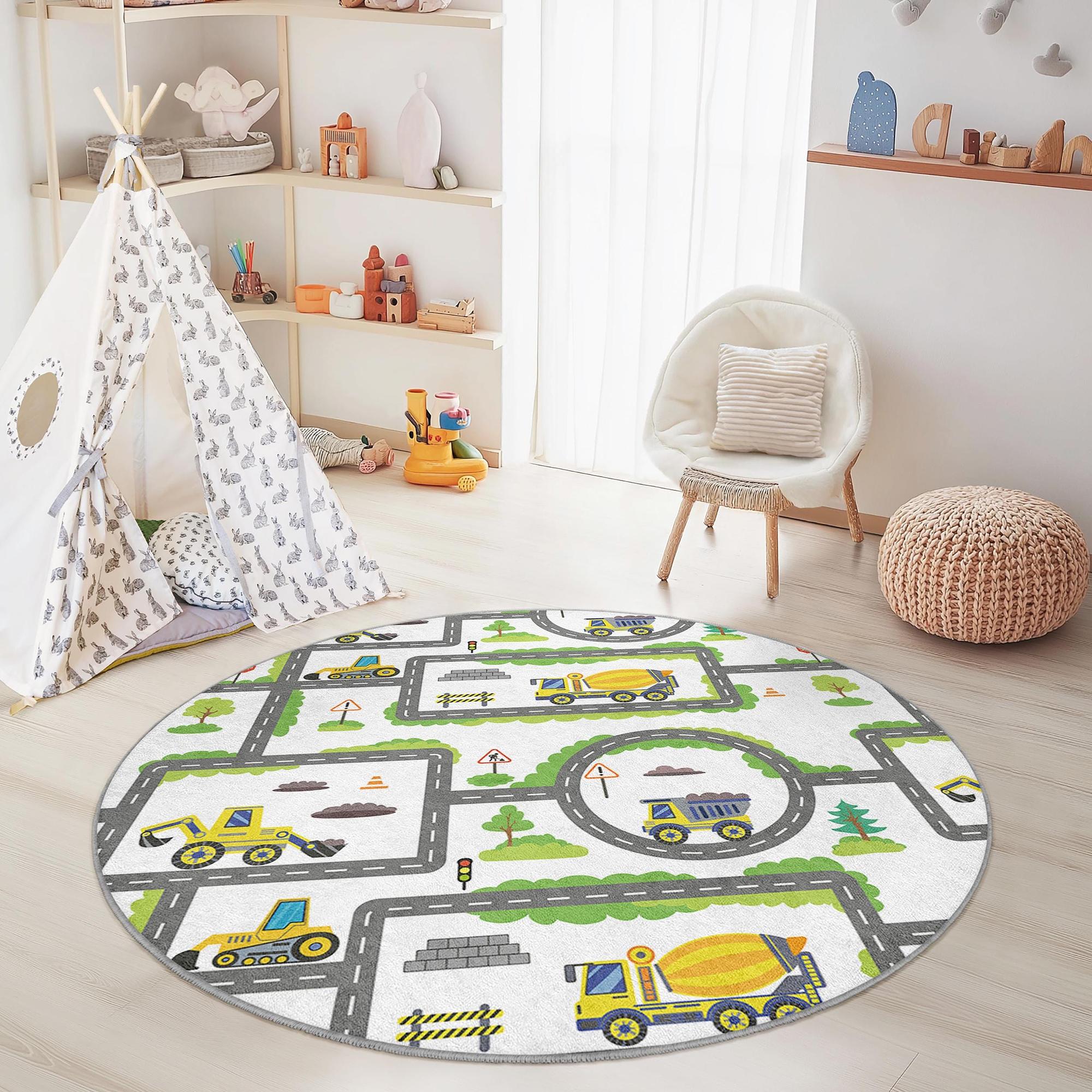 LKW &amp; Straßenkarte Kinderteppich Mehrfarbig ⌀180cm 2