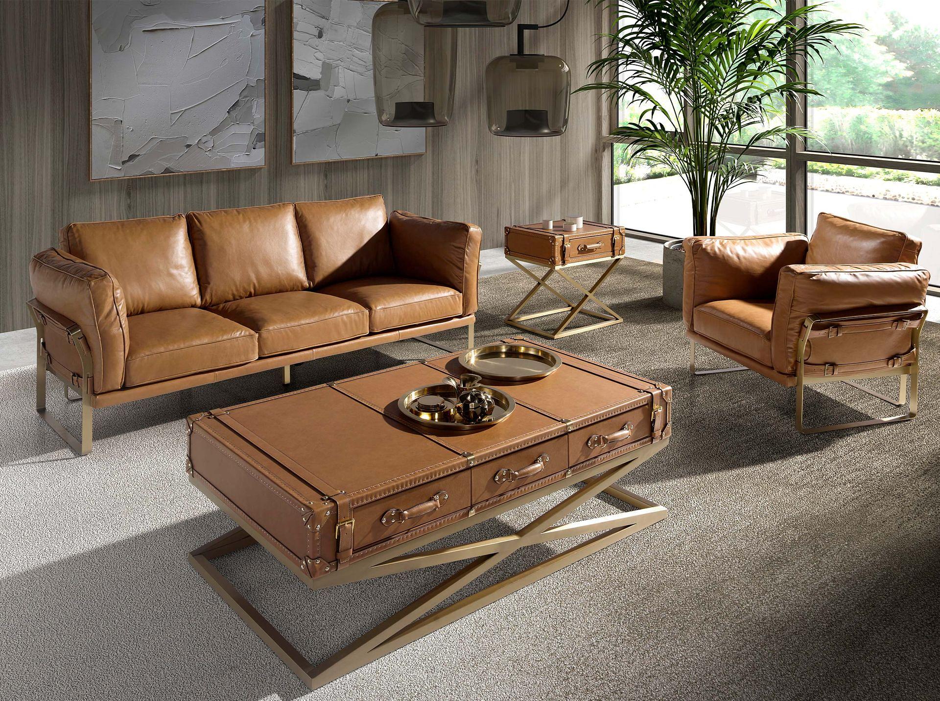 Couchtisch Leder Goldstahl Braun 2