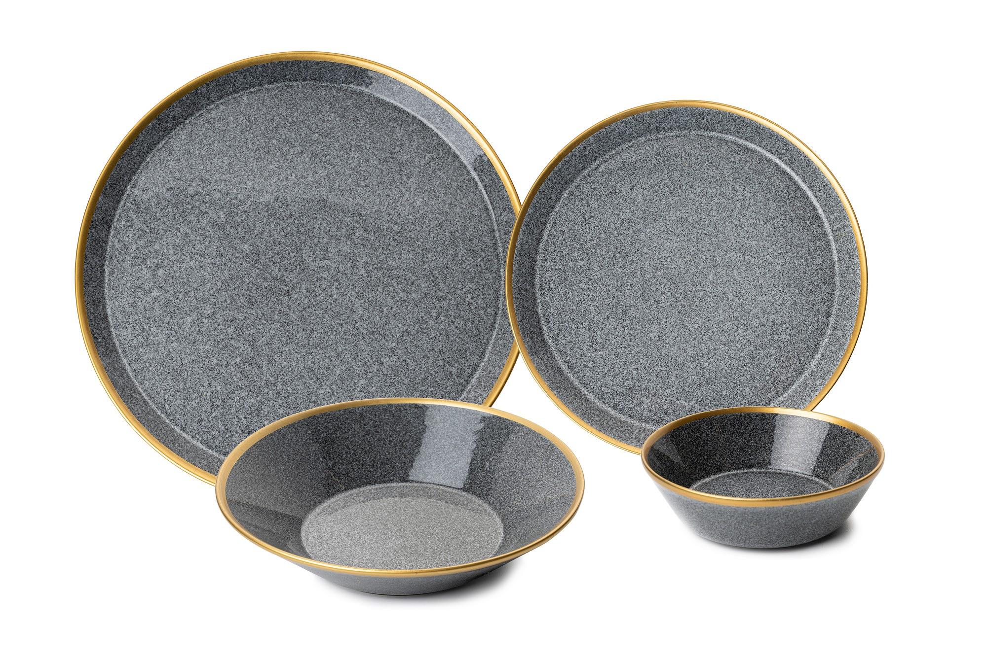 Geschirrset 16-tlg. Porzellan Schwarz Gold 4 Personen 1