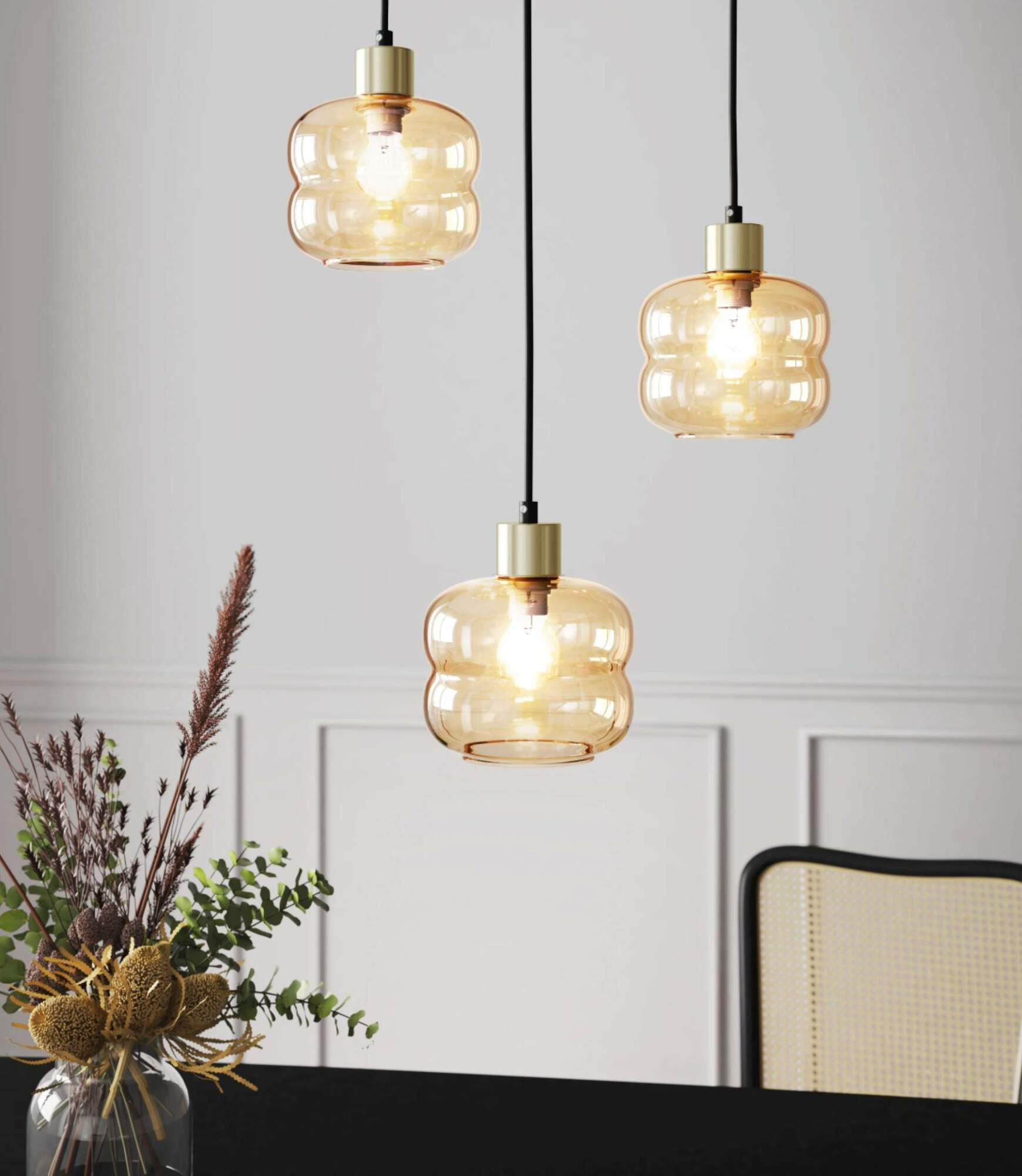 Pendelleuchte 3-flammig Glas Metall Gold 0