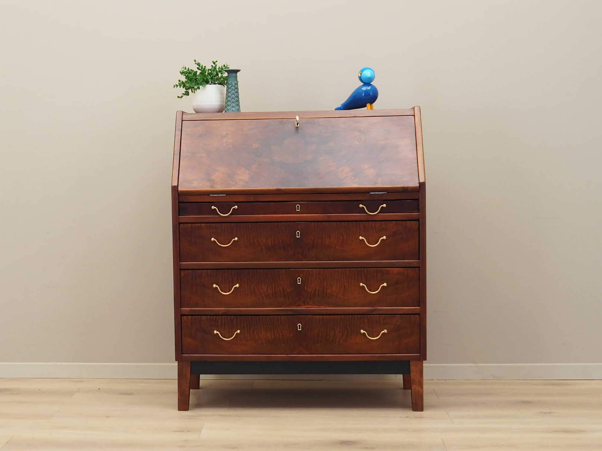 Vintage secretary desk, walnut wood, brown, 1960s 1