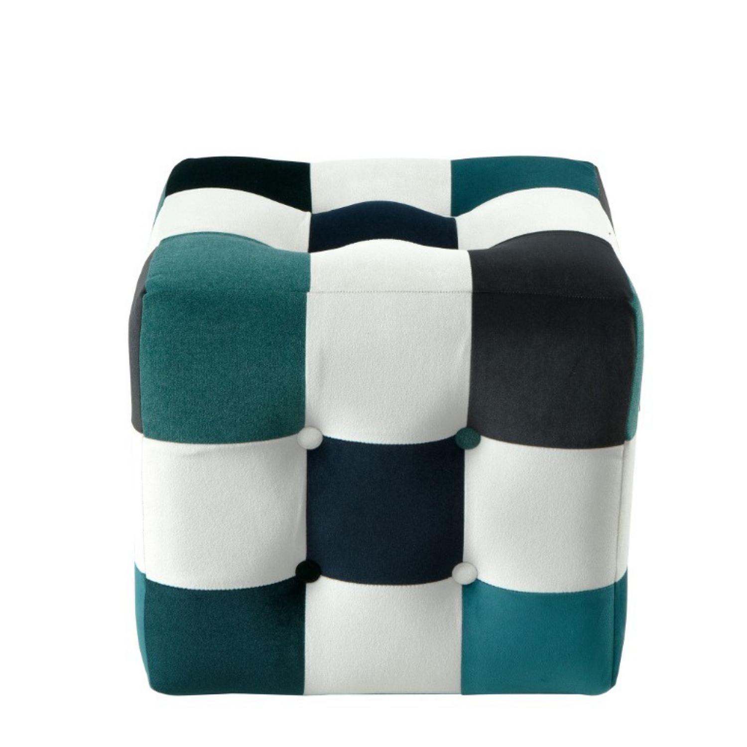 Patchwork Stool Velvet White Blue 2