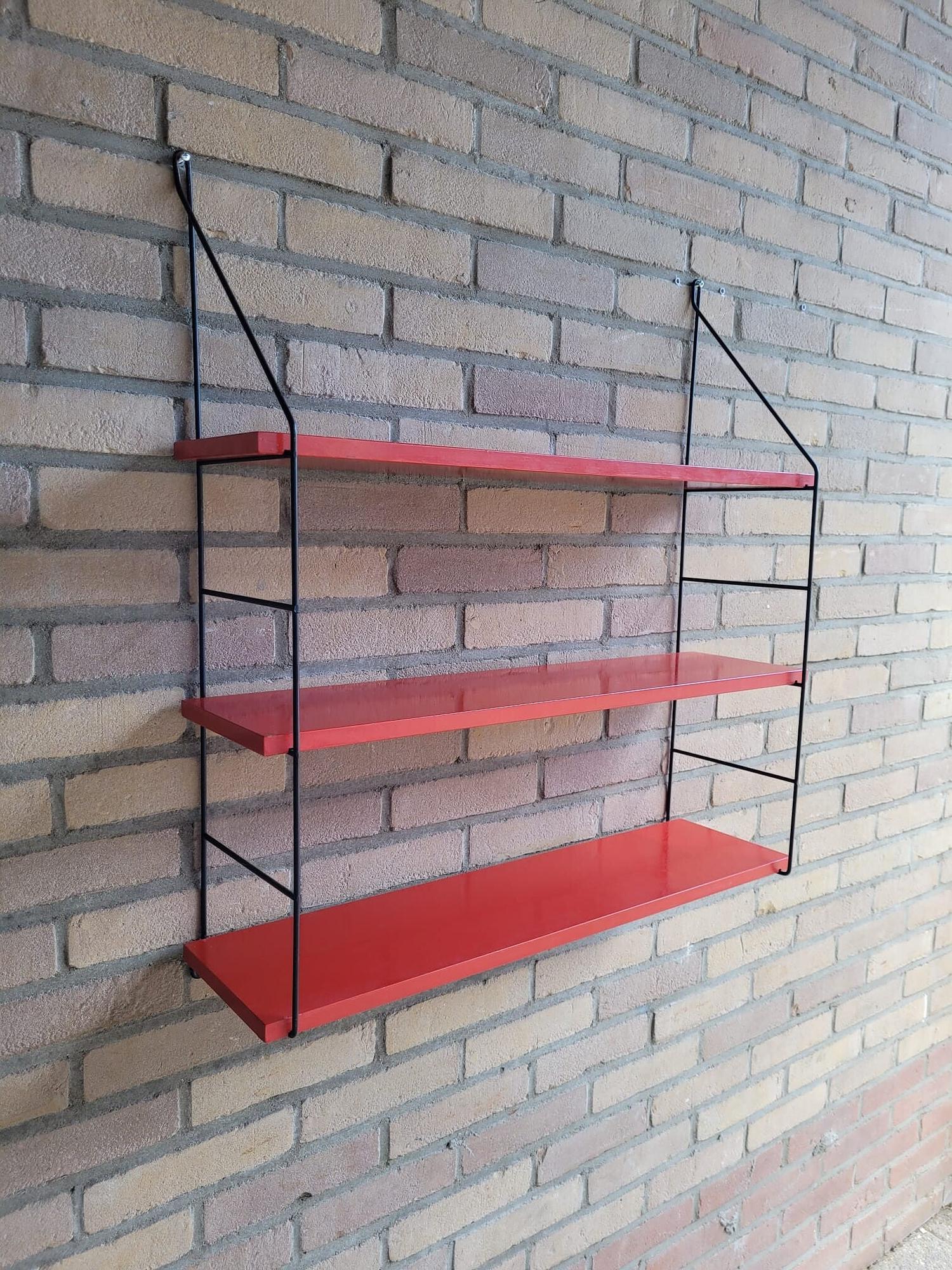 Vintage Wandregal Holz Stahl Rot 3