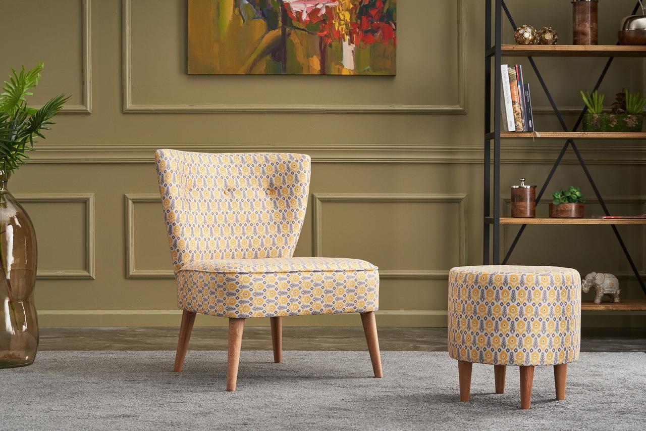 Ohrensessel Textil Holzfurnier Gelb Gemustert 1