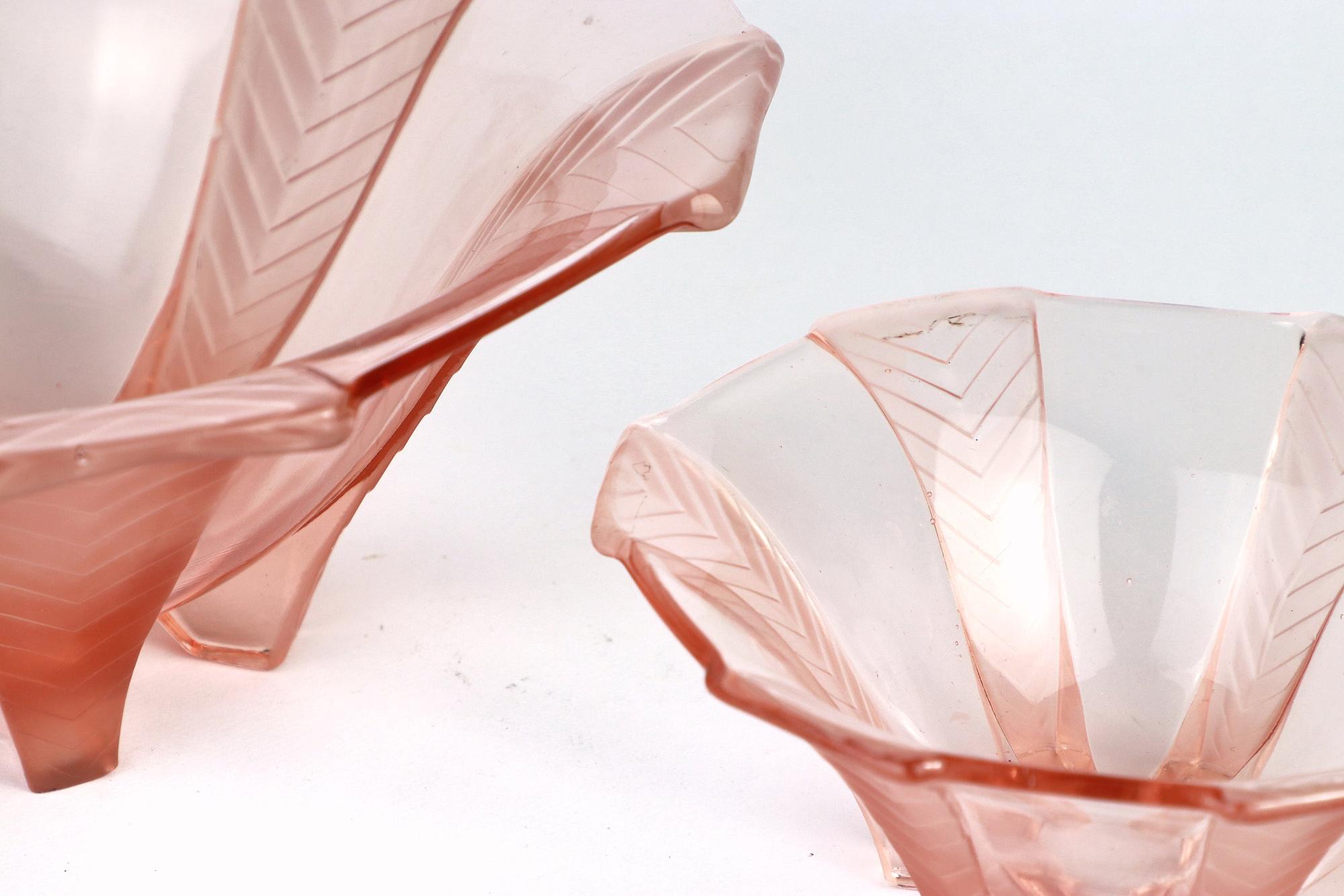 2x Ciotola Vintage Art Déco Vetro Pressato Rosa Anni '20 2