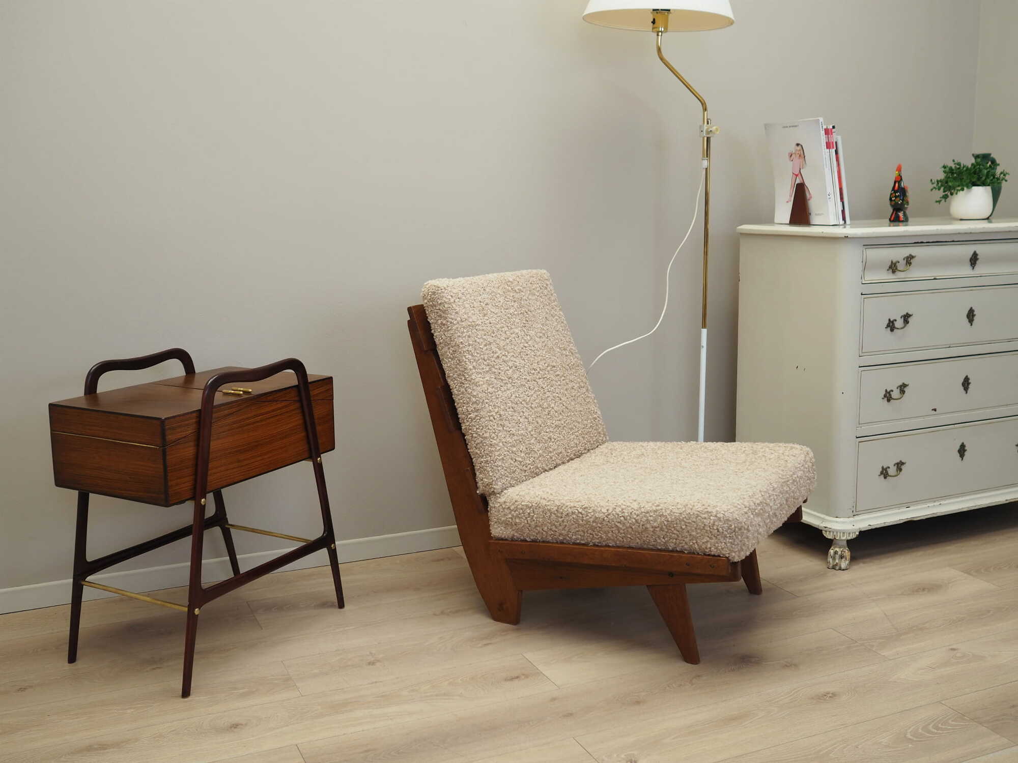 Vintage Sessel Textil Holz Weiß 1960er Jahre 2