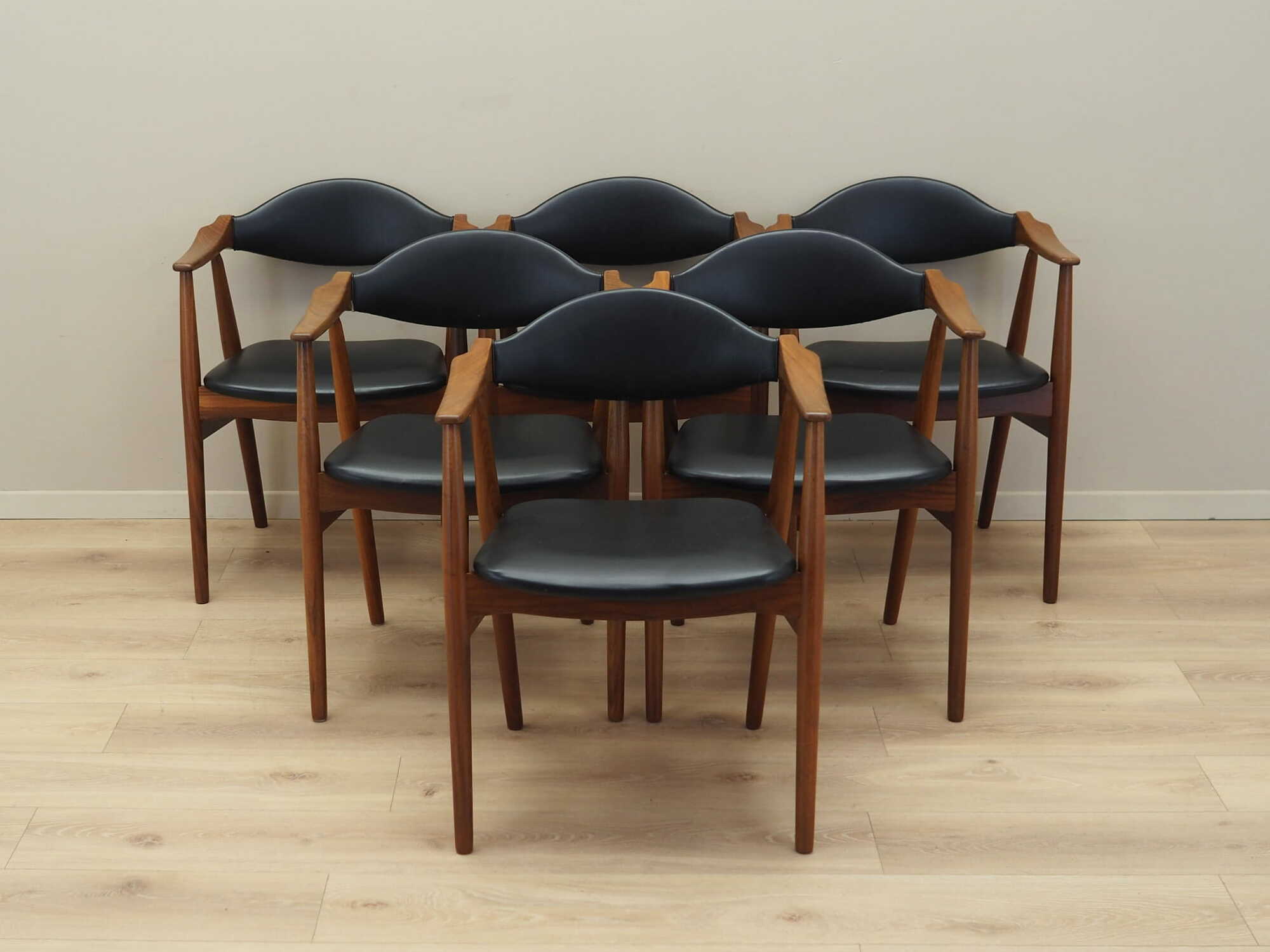 6x Chair Teak Wood Leather Black 1970s 1