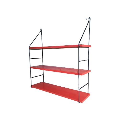 Vintage Wandregal Holz Stahl Rot 0