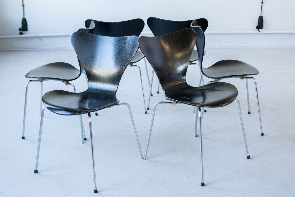 6x Vintage Arne Jacobsen Serie 7 Stuhl Holz Stahl Schwarz 7