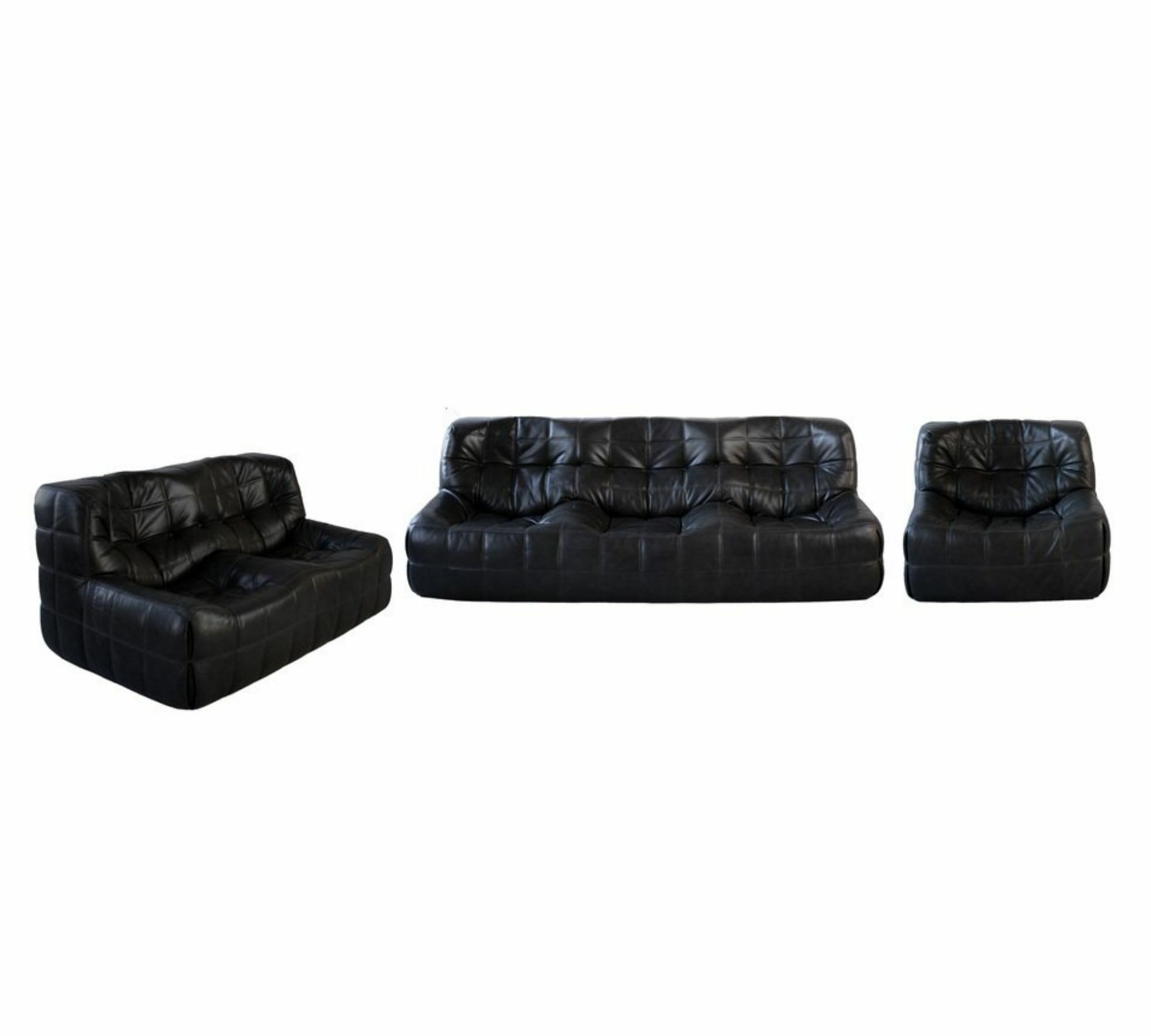 Vintage Michel Ducaroy Kashima Sofa-Set Leder Schwarz 3-tlg 0