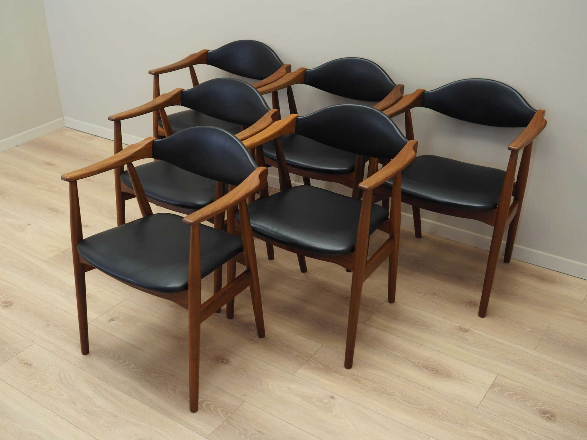 6x Chair Teak Wood Leather Black 1970s 2