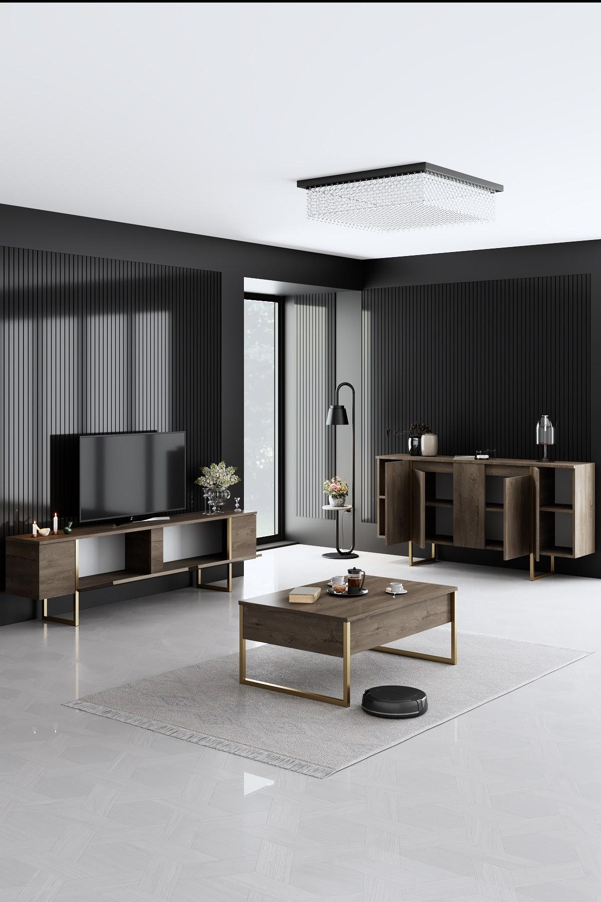 Set di mobili da soggiorno di lusso in legno impiallacciato oro 9