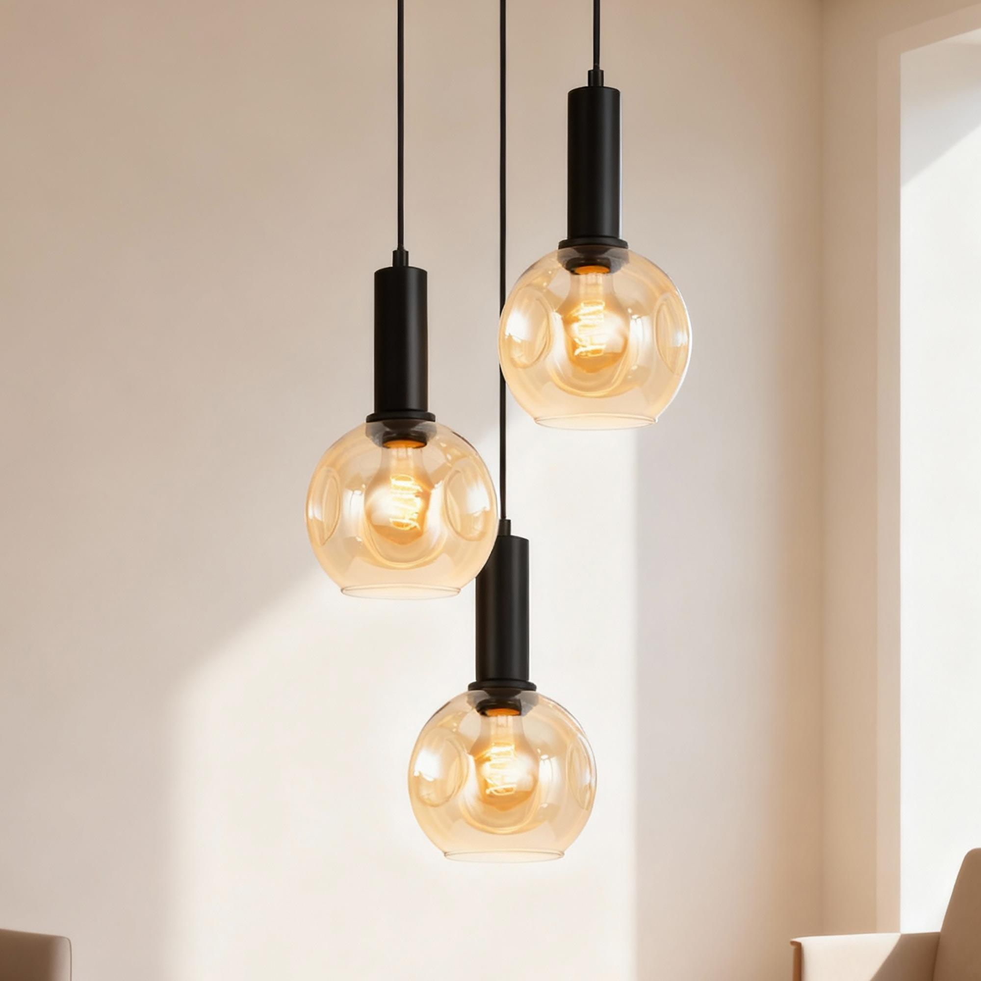 3-Flammig Jervey Pendelleuchte Gusseisen Farbglas Bernstein 1