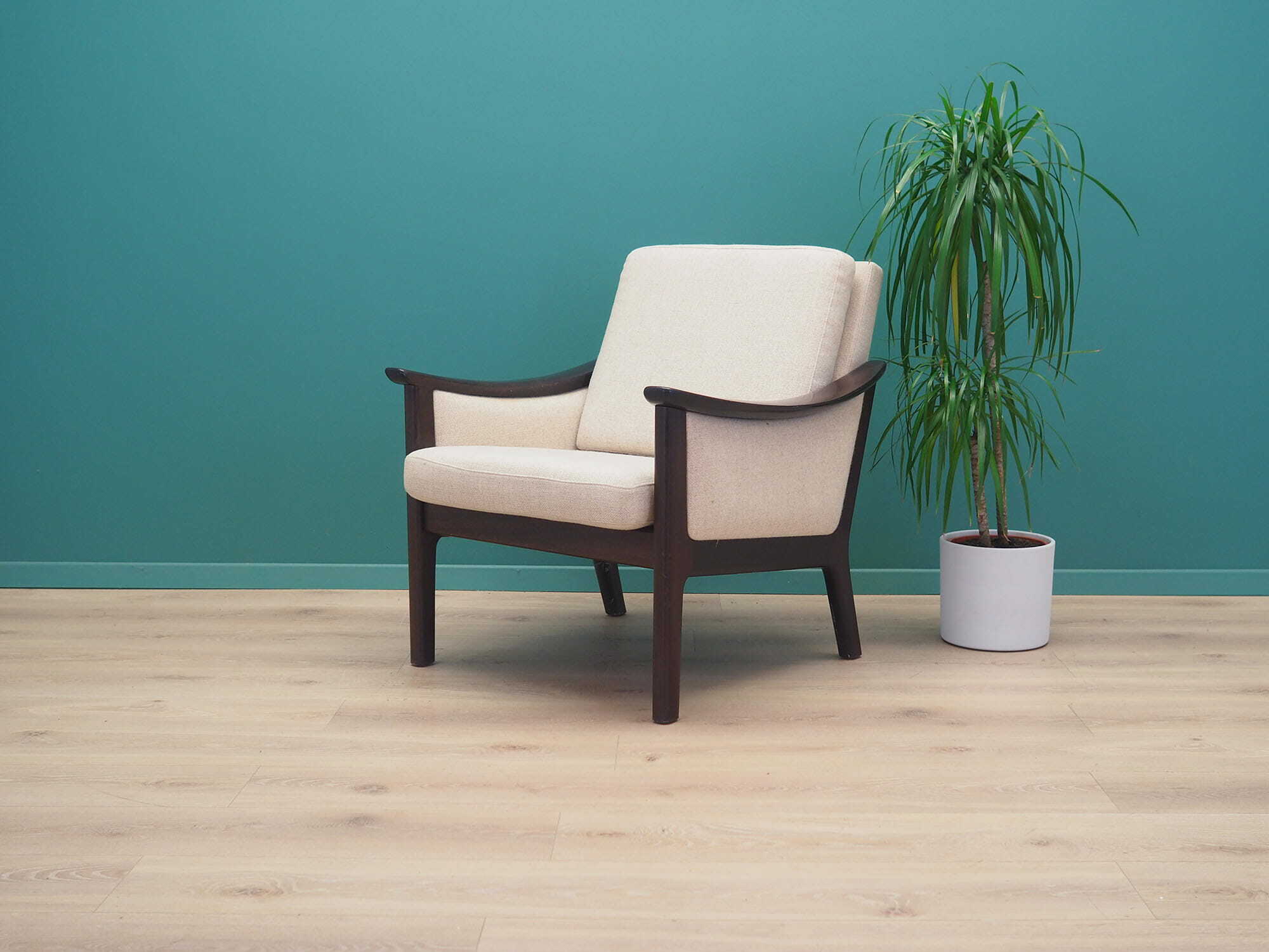 Vintage armchair wood fabric cream 1970s 3