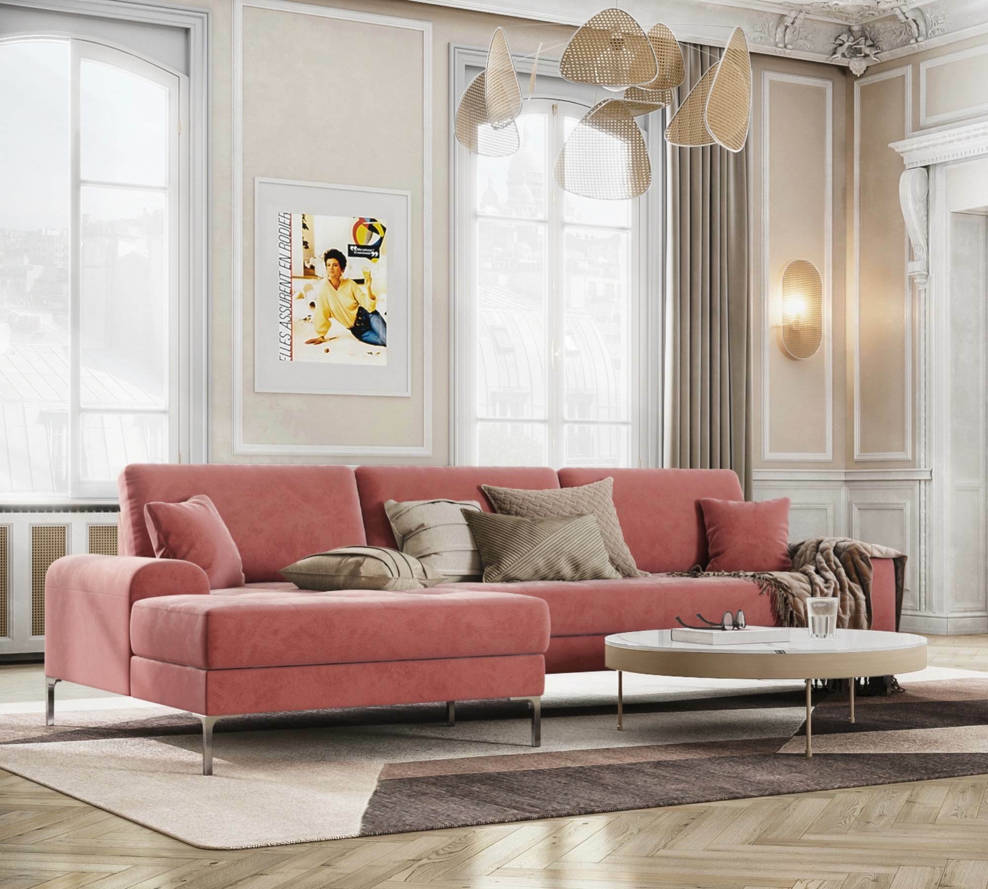 Ecksofa Rime mit Récamiere links Samt Rose 0