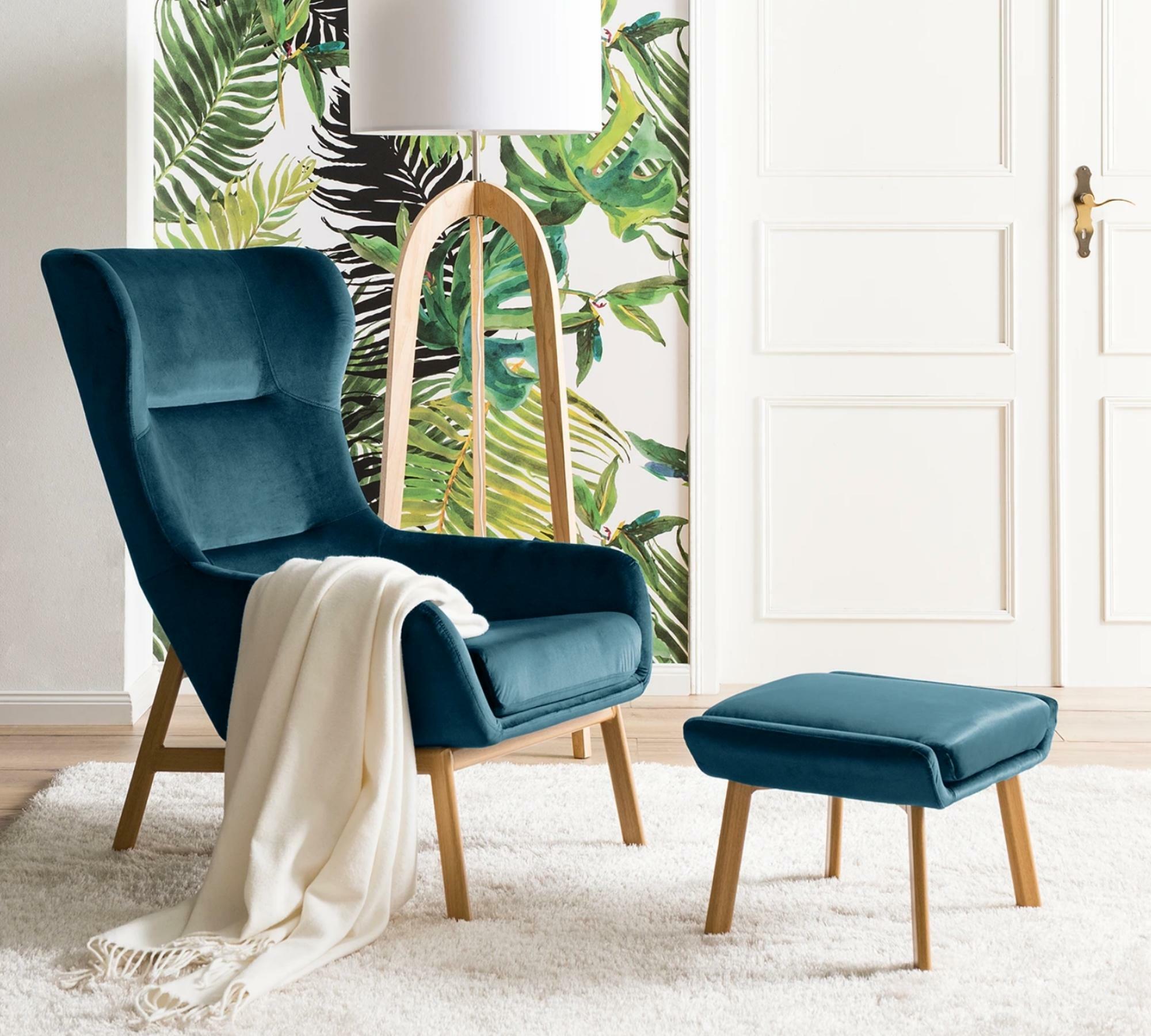 Ohrensessel + Hocker Samt Marineblau 7