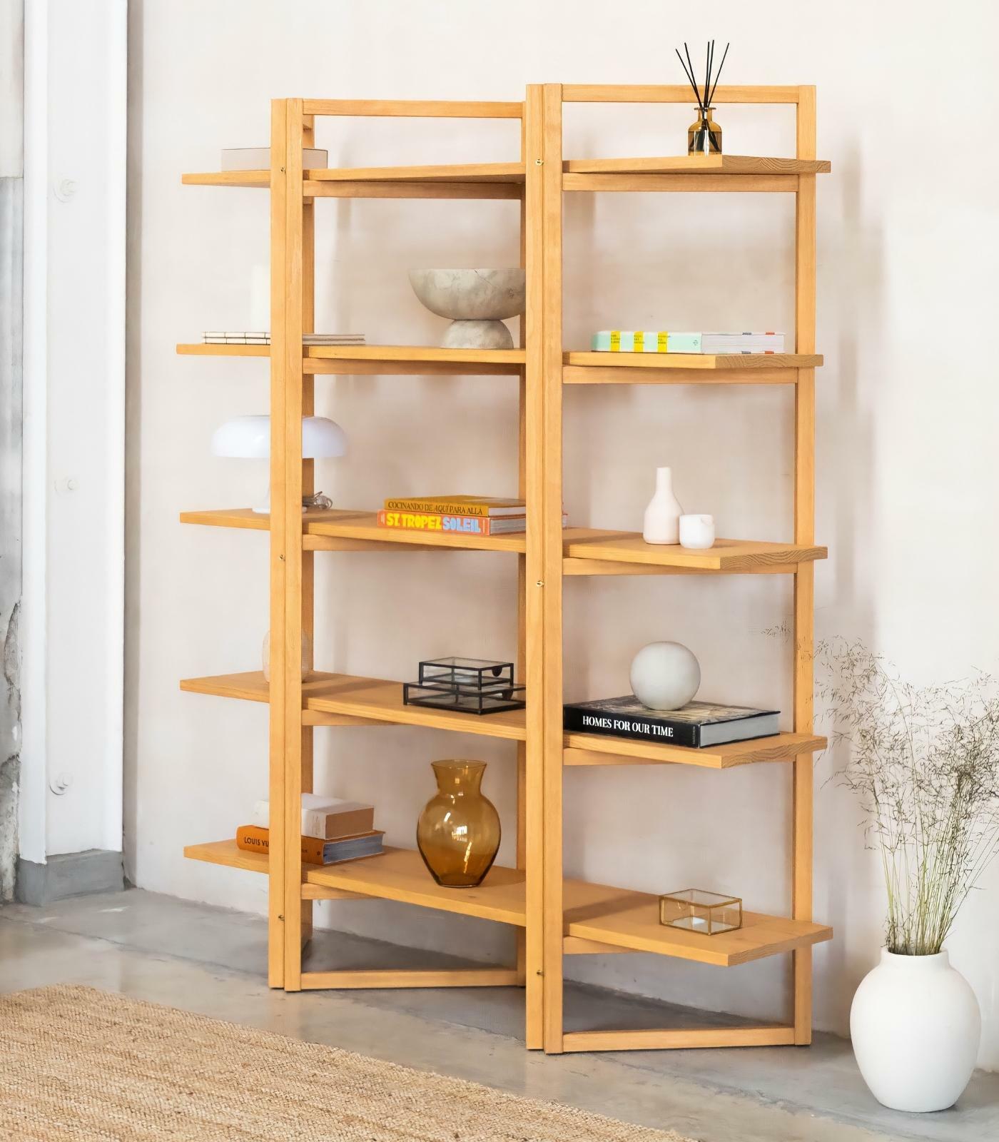 Großes Regal aus nachhaltigem Kiefernholz in Teakoptik  0