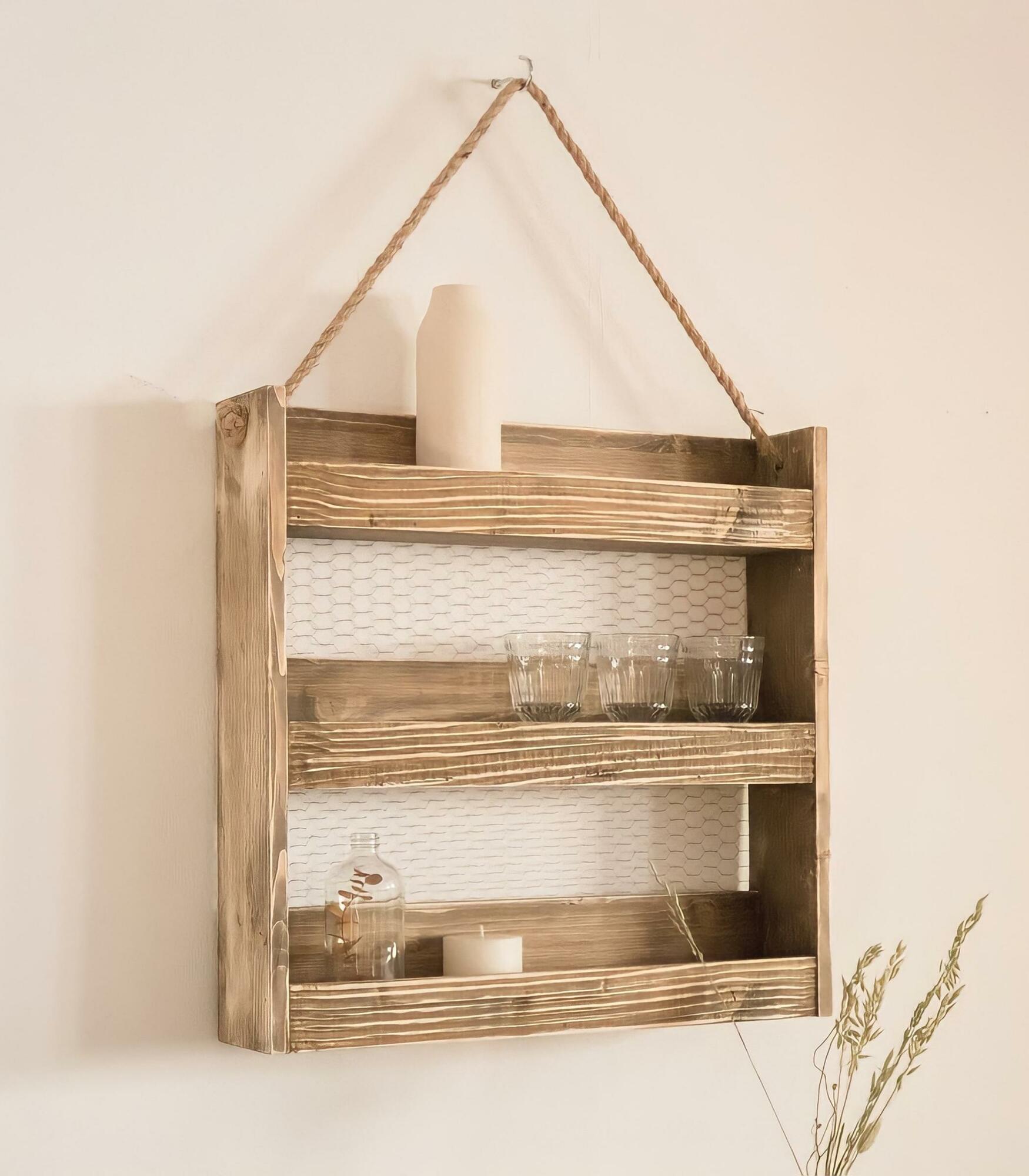 Wandregal aus recyceltem Holz mit 3 Böden Nussbaumoptik 0