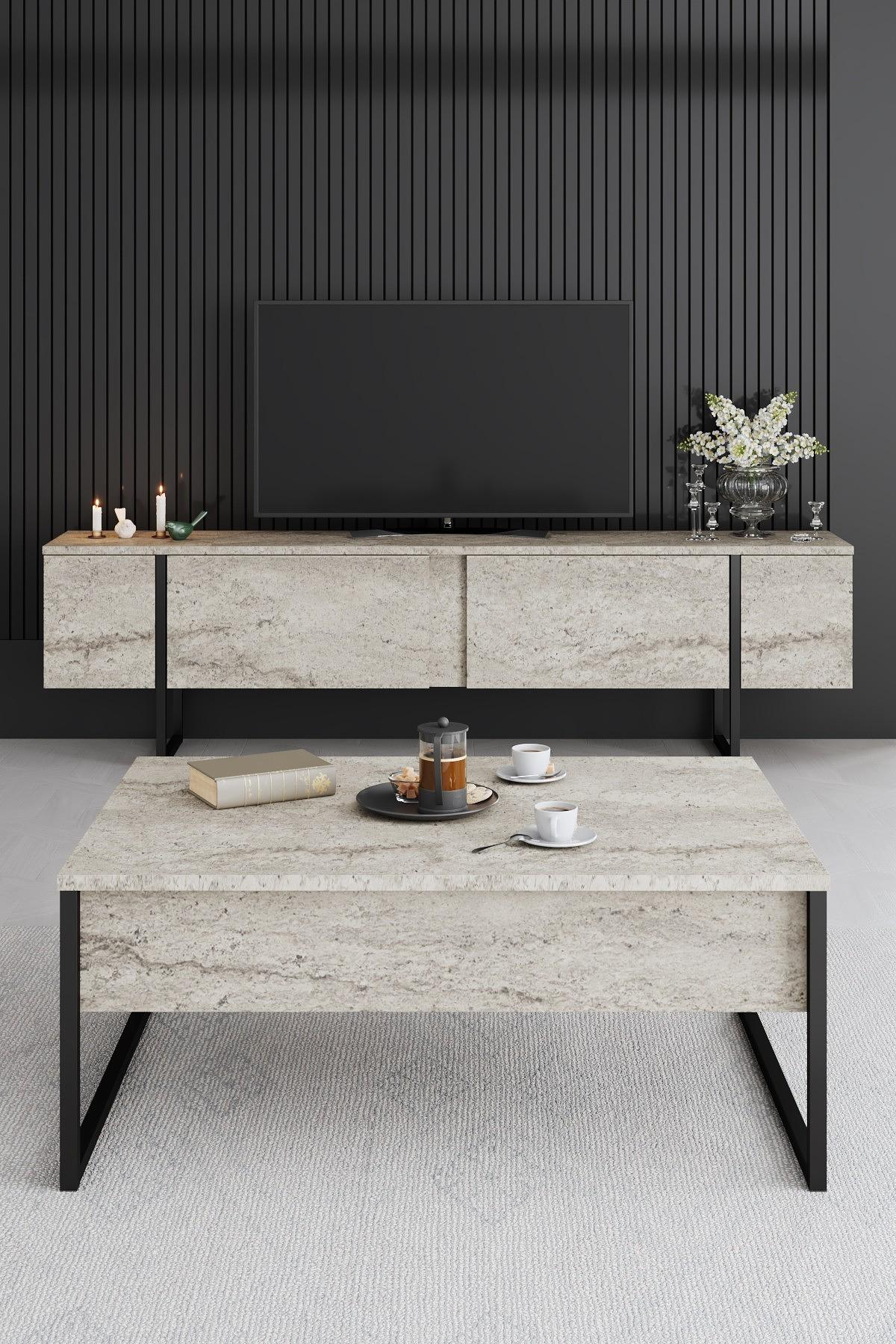 Luxe Lowboard Holz Travertine Schwarz 3