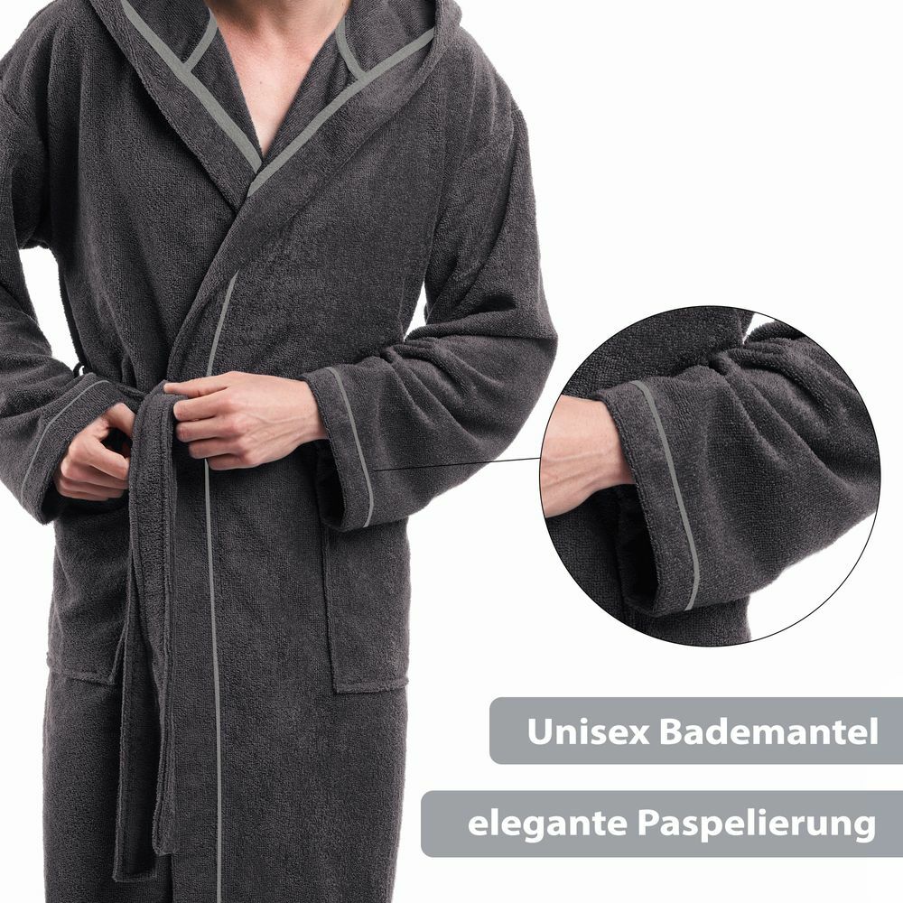 Unisex Baumwoll-Bademantel mit Kapuze Anthrazit Medium 3