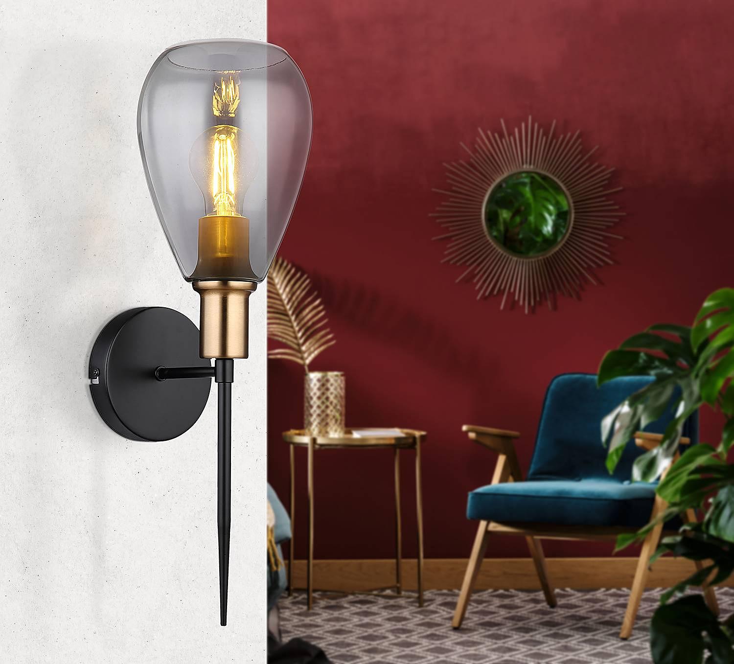 1-Flammig Fanni Wandleuchte Rauchglas Eisen Schwarz  2