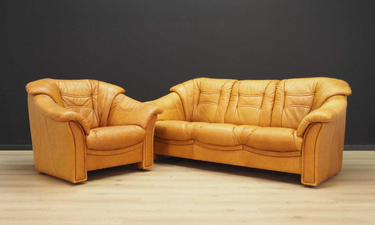 Vintage Sofa 3-Sitzer und Sessel Leder Cognac 1970er Jahre 1