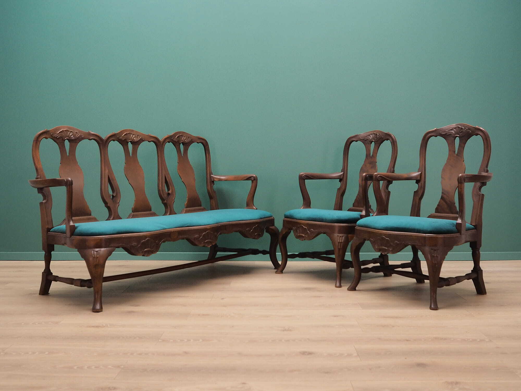 2x Vintage Chair & Bench Wood Velvet Blue 1970s 1