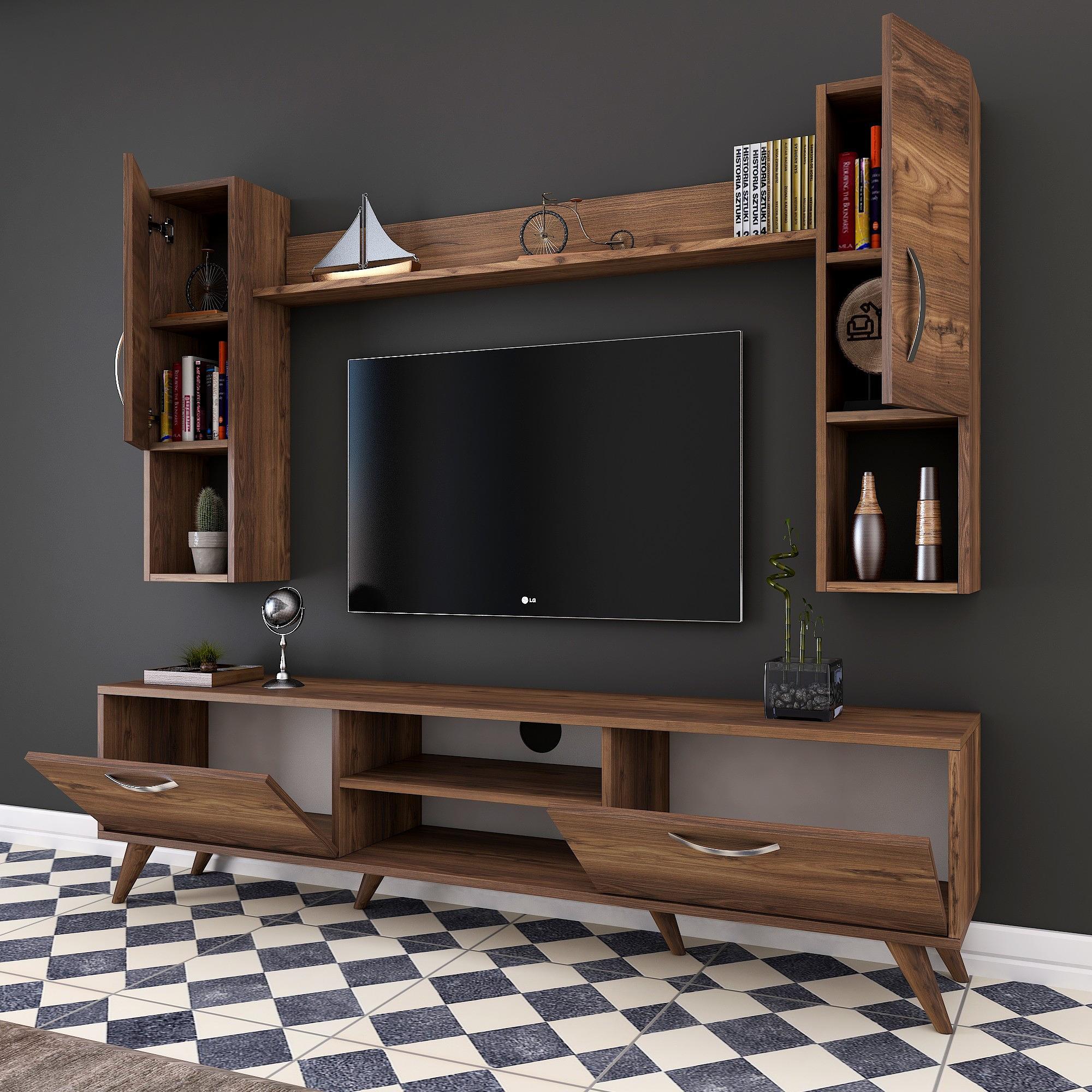 Lowboard with wall shelf with doors walnut brown 3