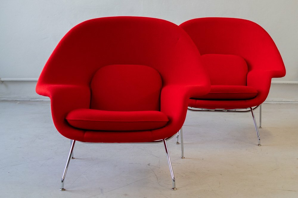 2x Vintage Eero Saarinen Womb Chair Sessel Wolle Stahl Rot 4