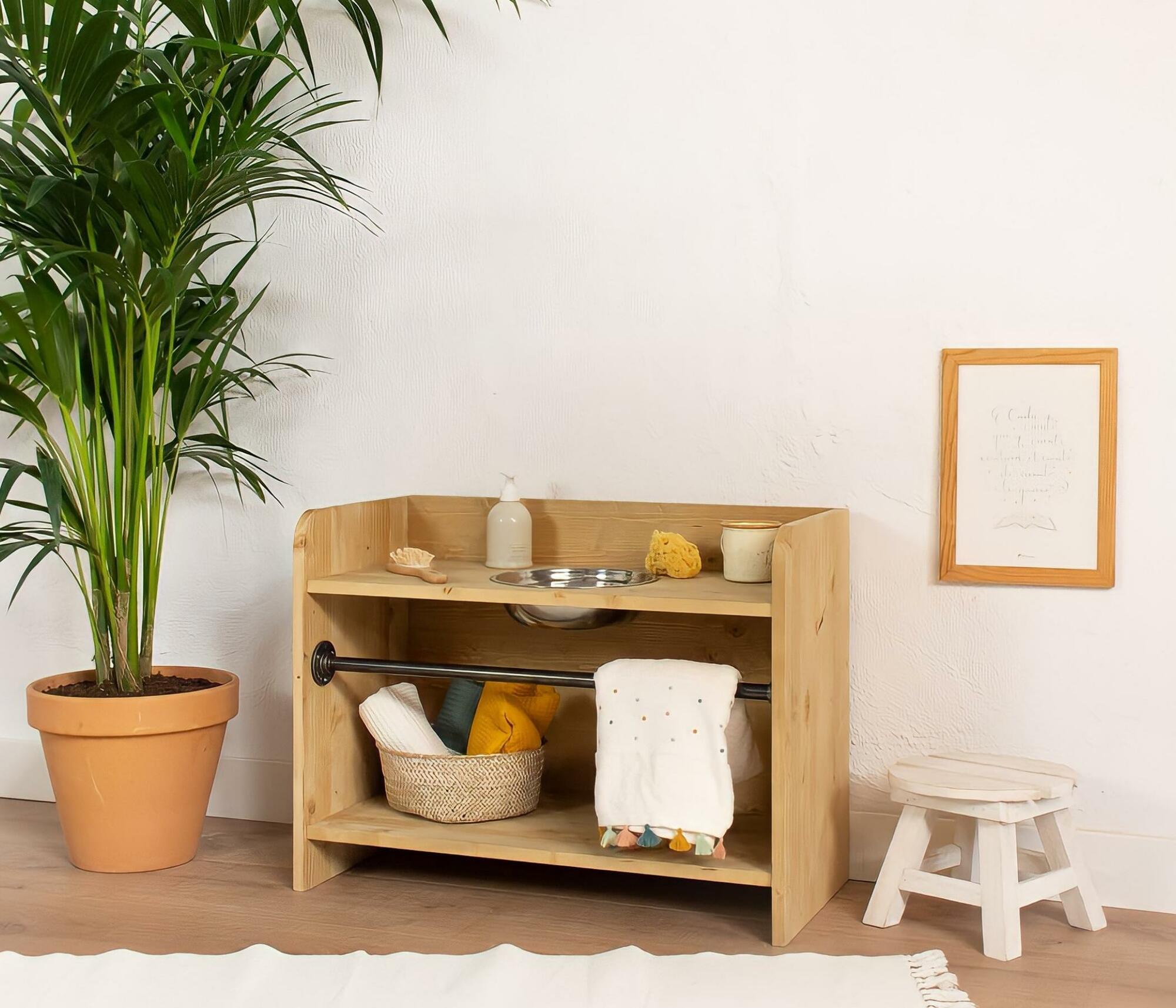 Kinderwaschbecken aus Holz und Metall sand 1