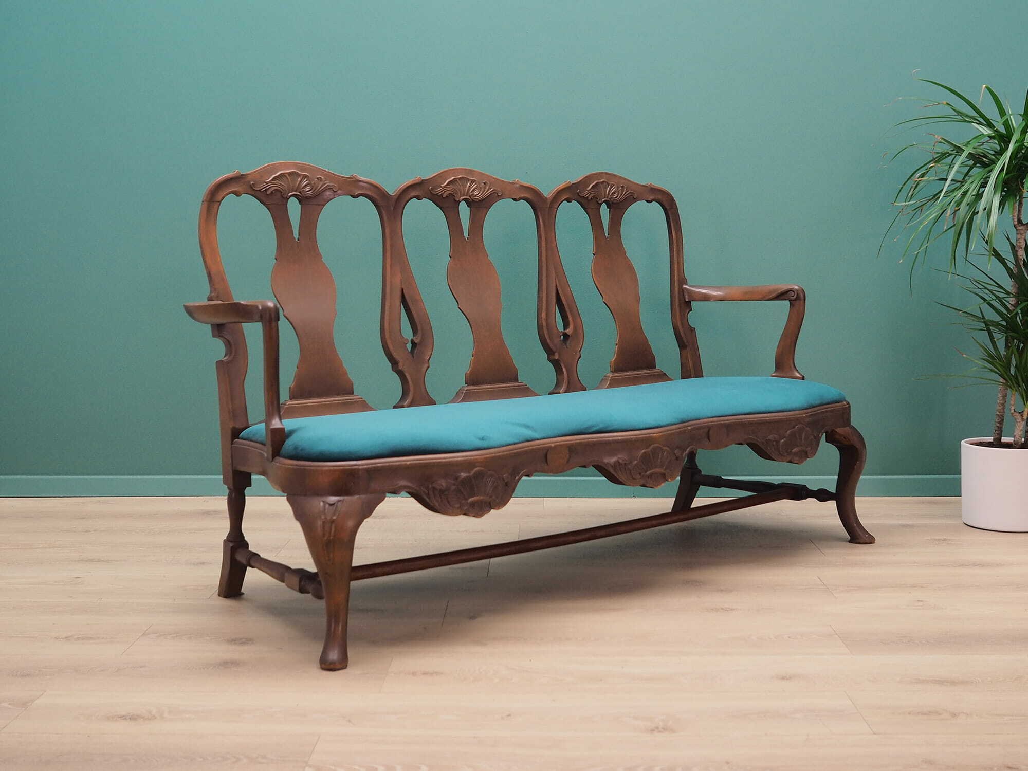 2x Vintage Chair & Bench Wood Velvet Blue 1970s 3