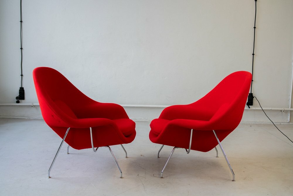 2x Vintage Eero Saarinen Womb Chair Sessel Wolle Stahl Rot 6