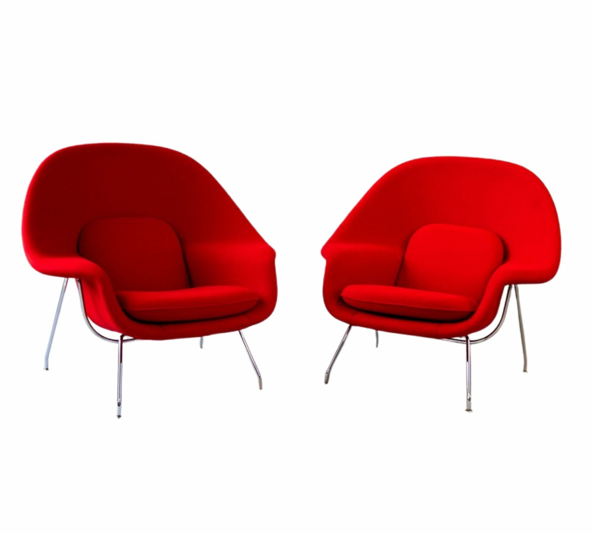 2x Vintage Eero Saarinen Womb Chair Sessel Wolle Stahl Rot 0