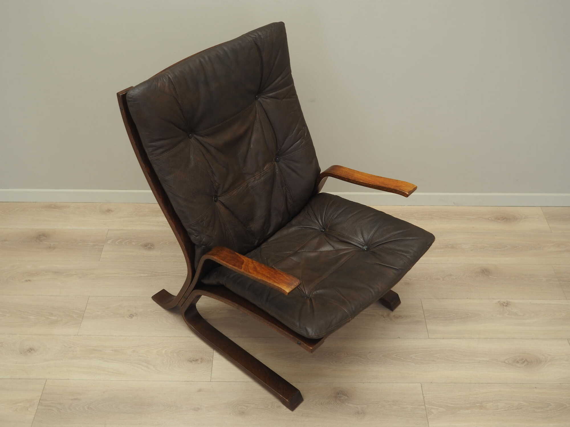 Vintage Sessel Leder Holz Braun 1960er Jahre 9