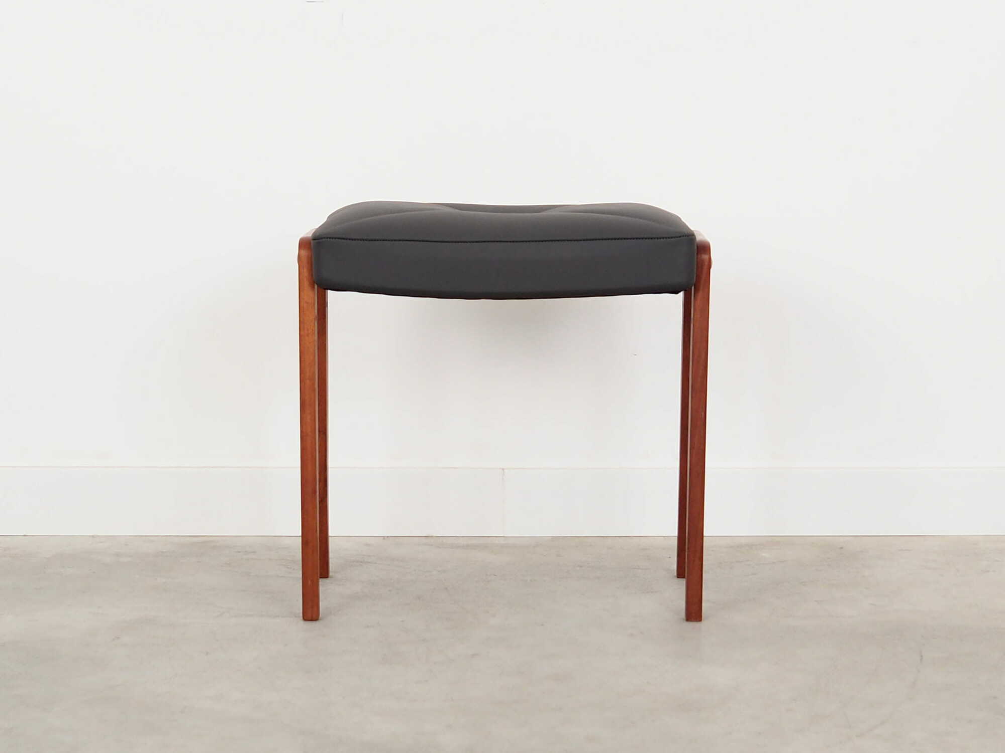 Vintage stool Teak wood Leather Black 1970s 1
