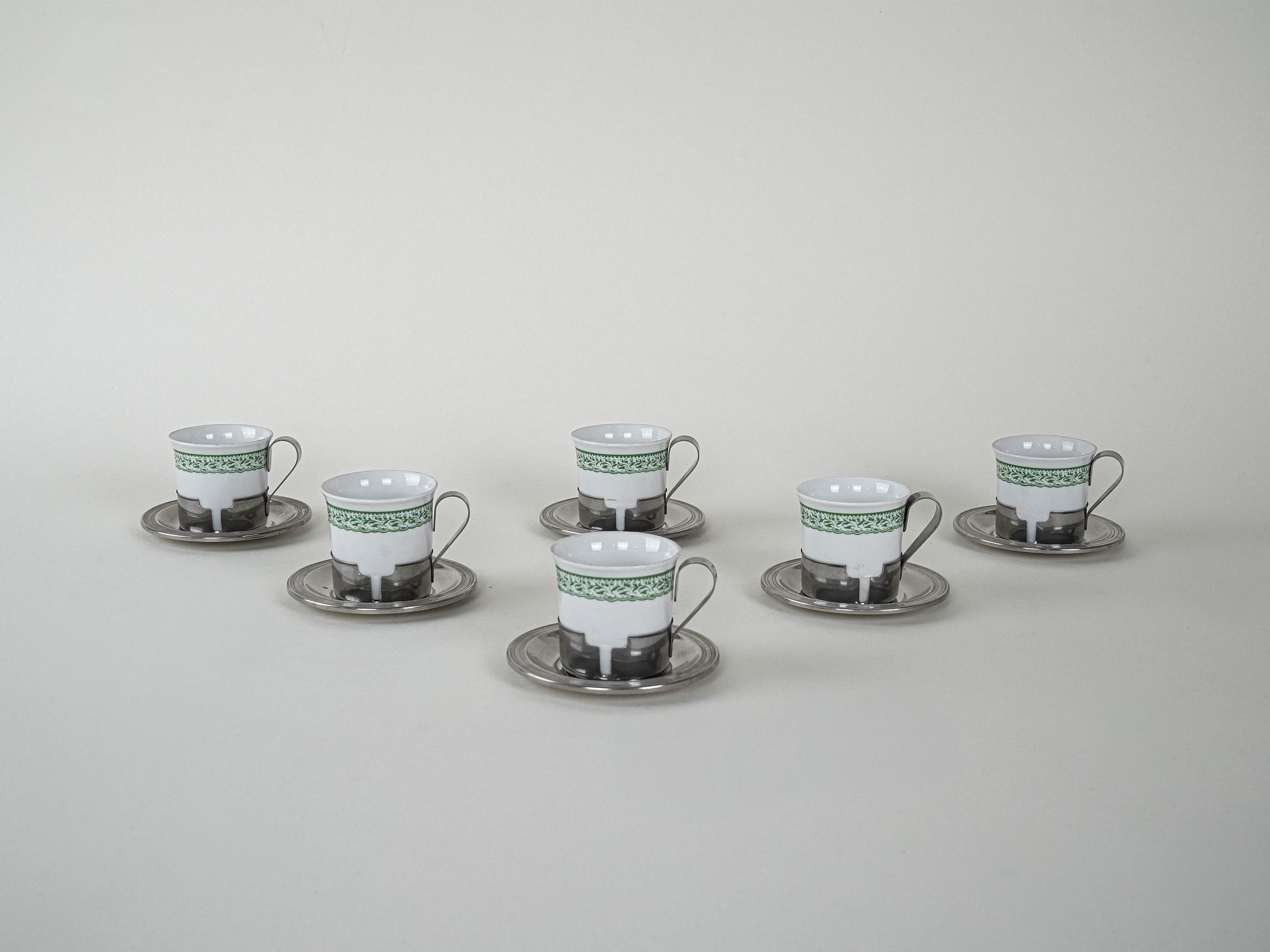 Espressotassen-Set Porzellan Silber Weiß 1980er Jahre 2