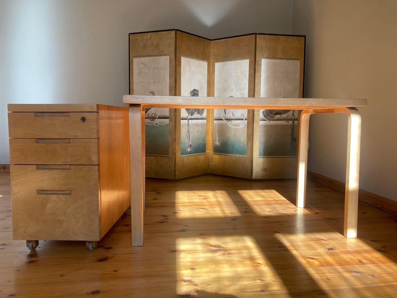 Vintage Alvar Aalto L-leg Schreibtisch & Rollcontainer Natur 0