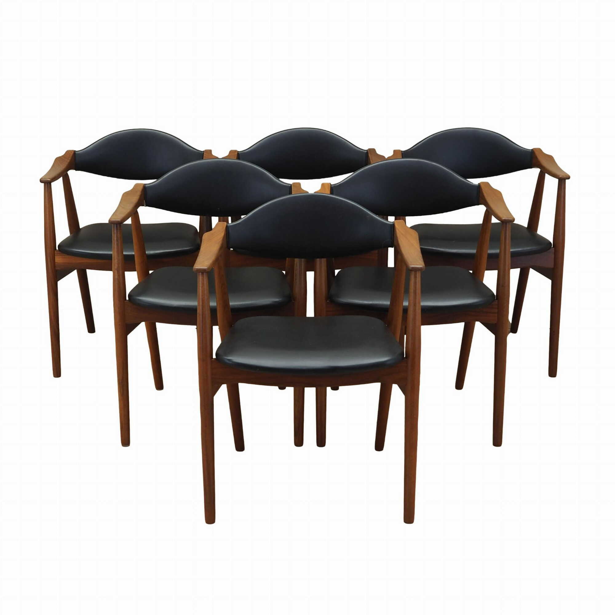 6x Chair Teak Wood Leather Black 1970s 0