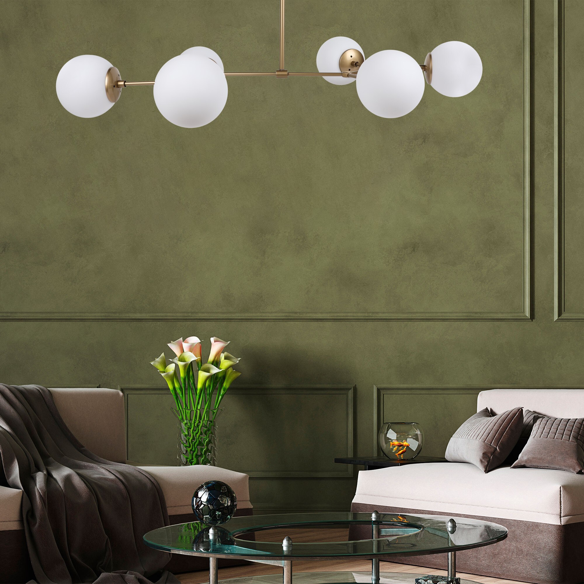 Pendant lamp 6 glass spheres metal white gold 0