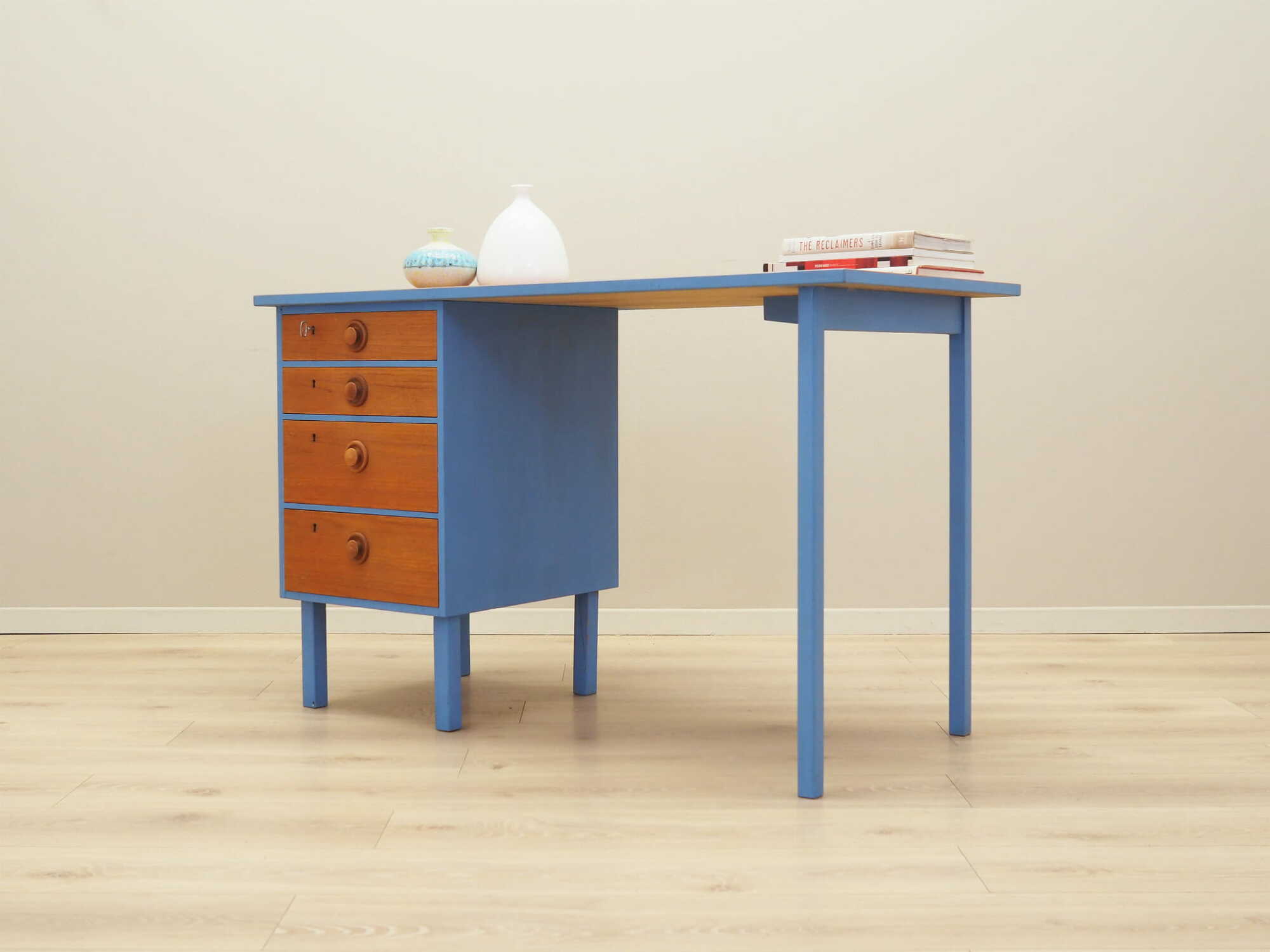 Vintage Schreibtisch Teakholz 1960er Jahre Blau 2