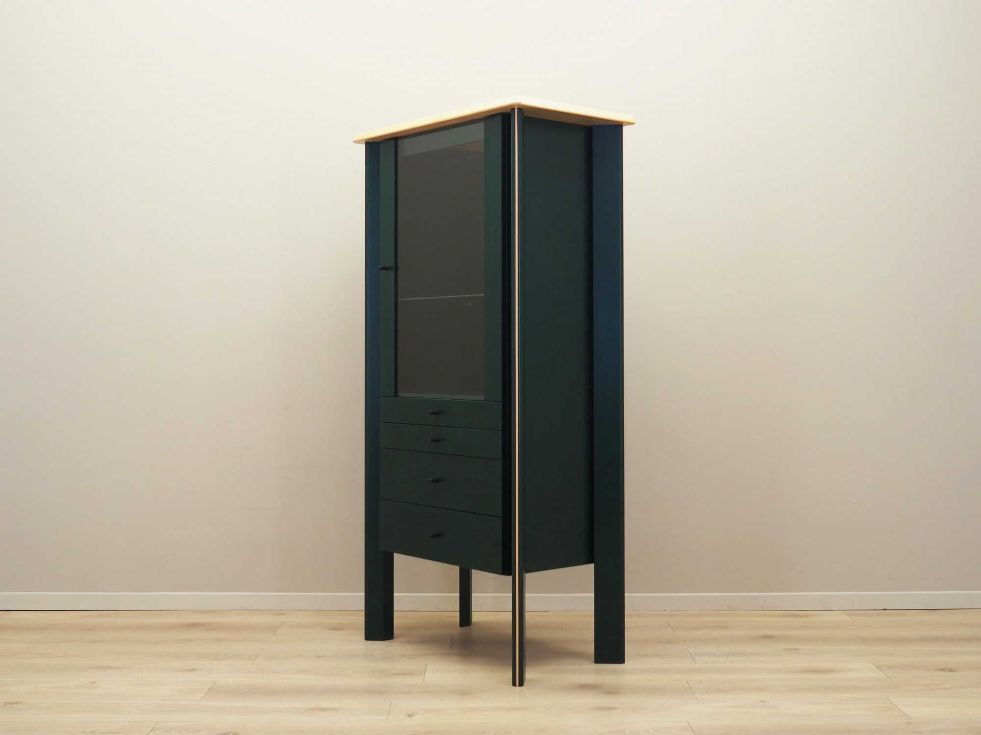Vintage display cabinet oak wood green 1980s 1