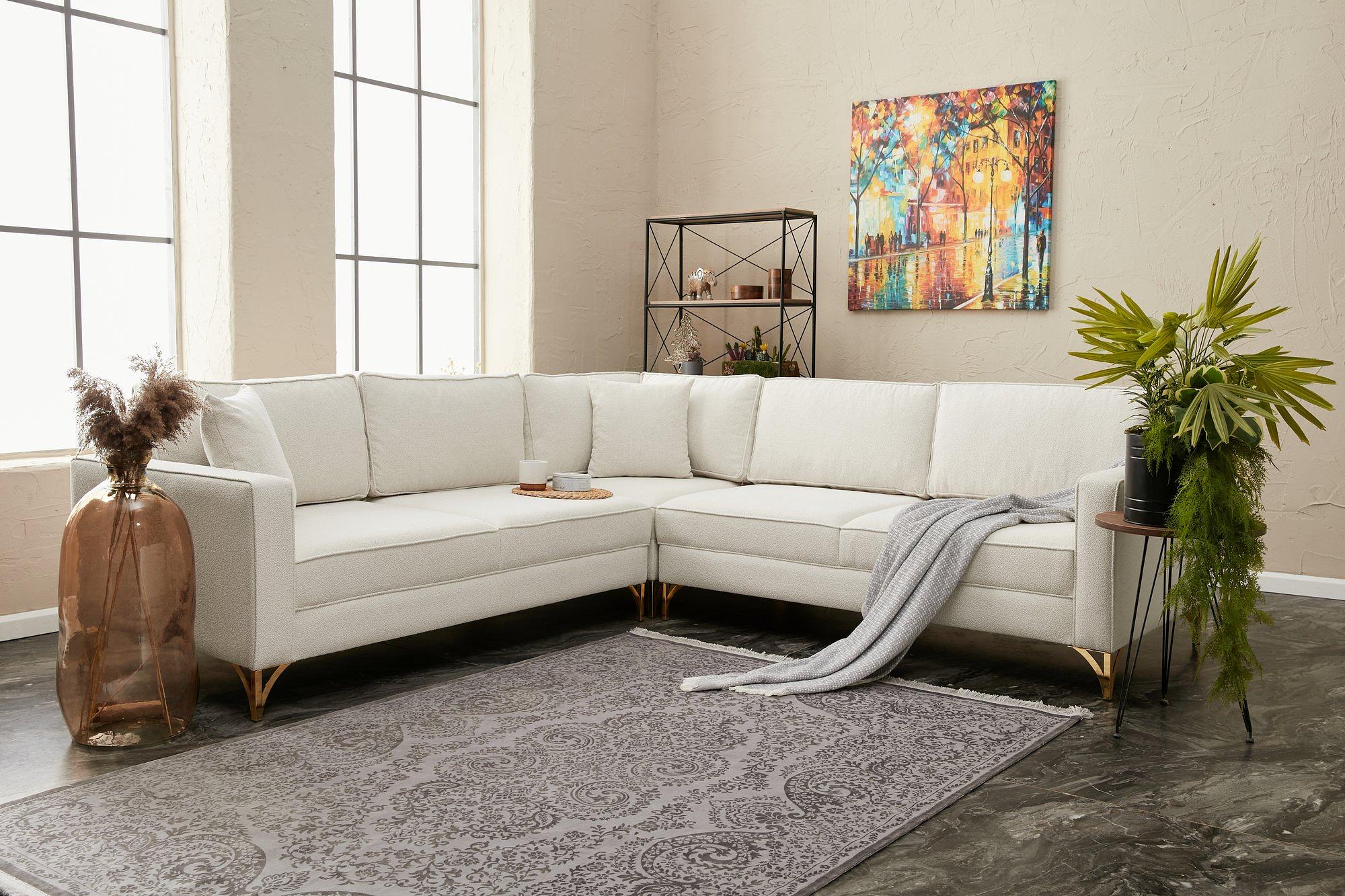 Lima Ecksofa 4-Sitzer Creme mit goldenen Beinen 1