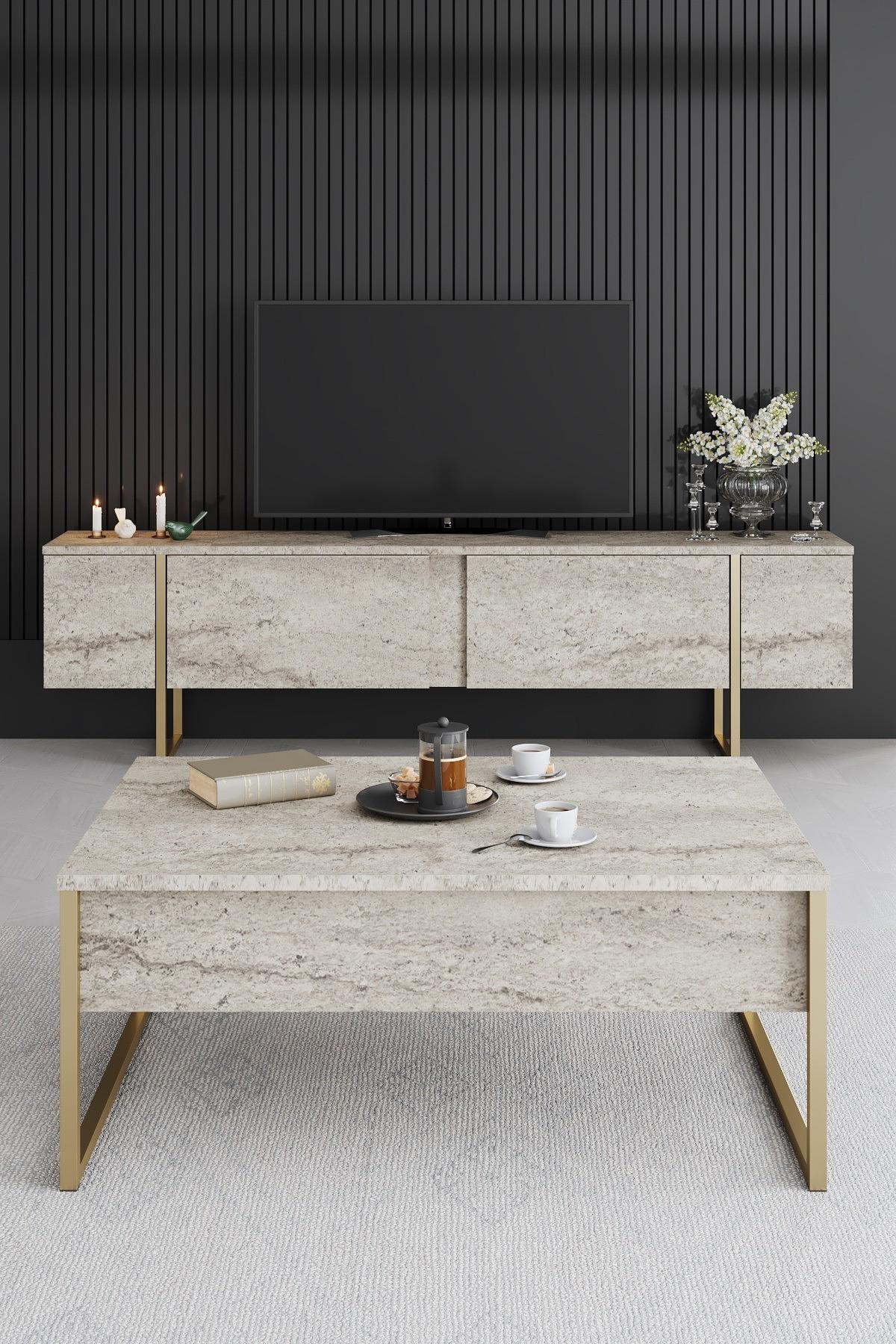 Luxe Lowboard Holz Travertine Gold 3