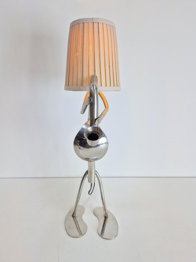 Vintage Tischlampe Edelstahl mit Stoffschirm Metall 1