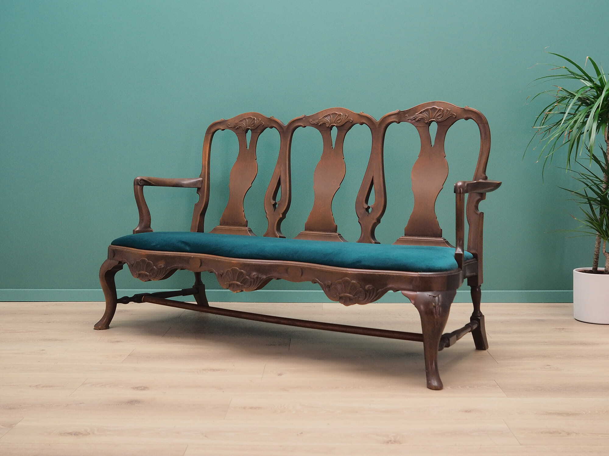 2x Vintage Chair & Bench Wood Velvet Blue 1970s 4